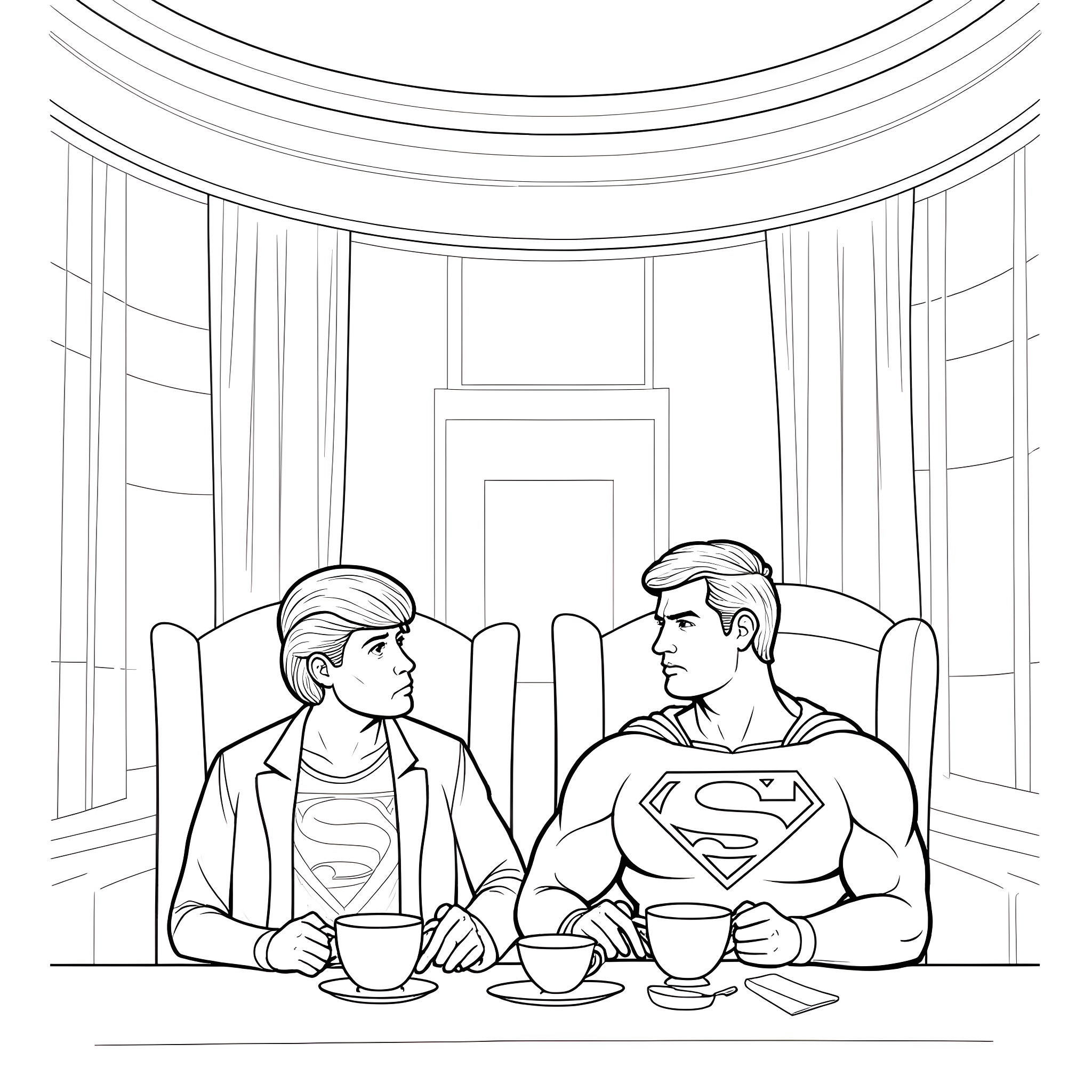 Donald Trump and Superman Discussing Over Coffee Coloring Page (free black-and-white line drawing printable PDF for all, from beginners to advanced learners, including children, teens, adults, and seniors)