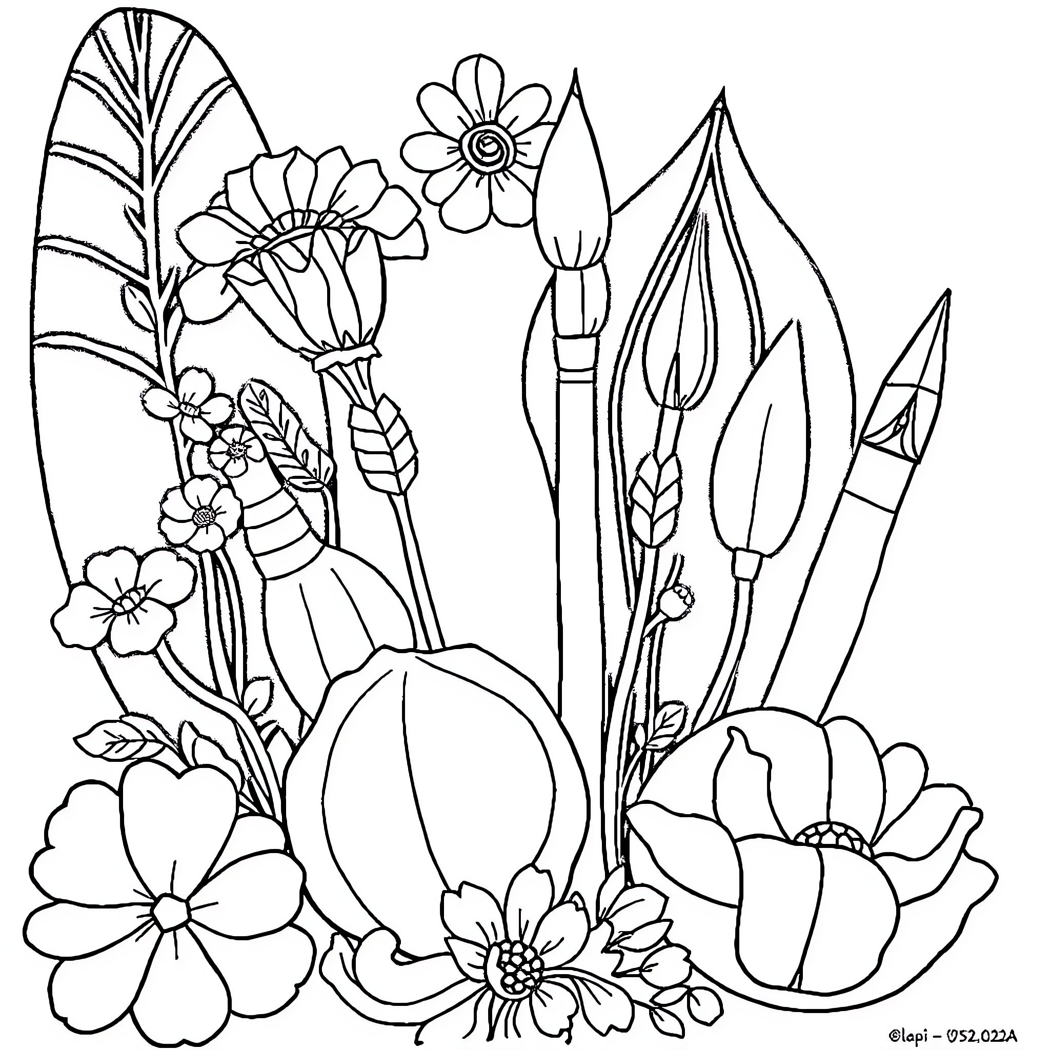Element of Floral Arrangement and Botanical Design Coloring Page (free black-and-white line drawing printable PDF for all, from beginners to advanced learners, including children, teens, adults, and seniors)