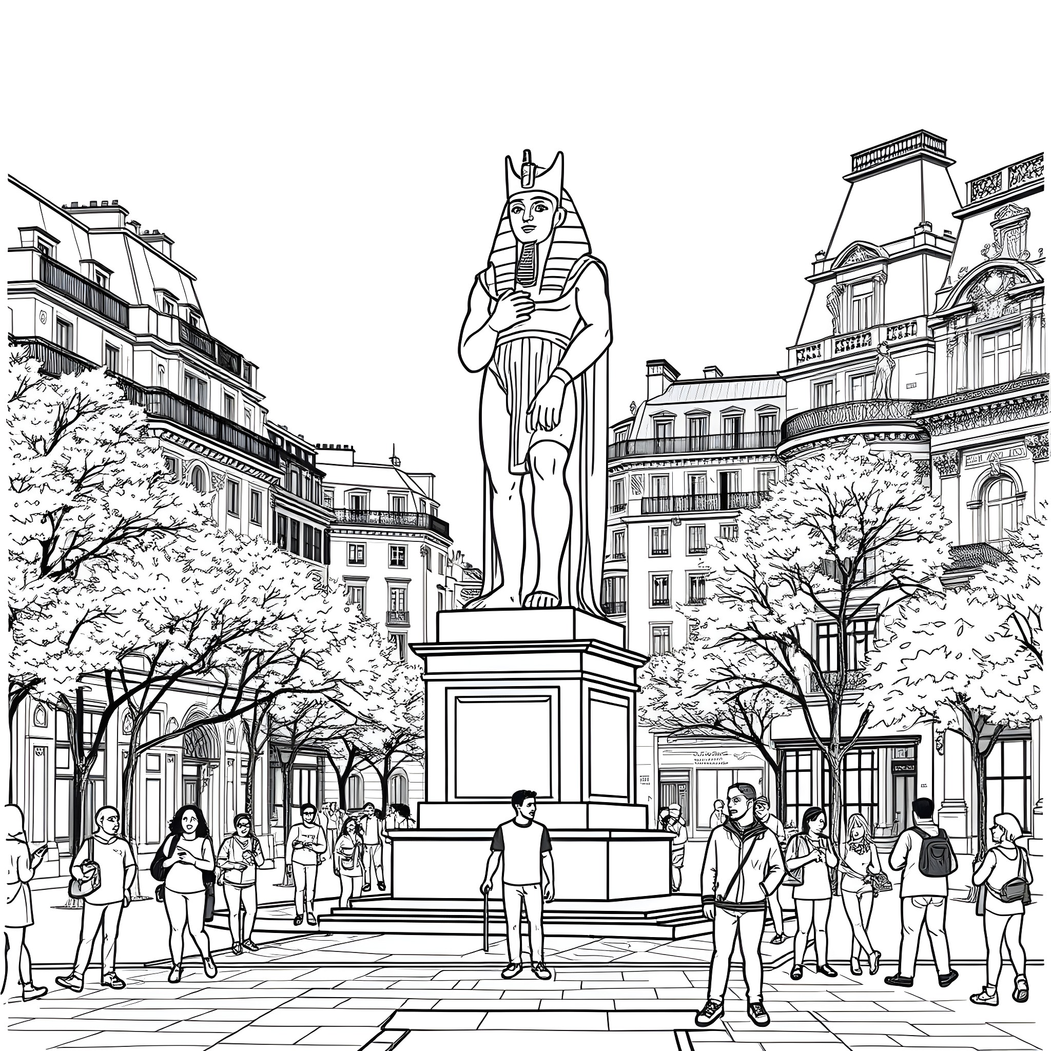 Ramses statue in bustling city square Coloring Page (free black-and-white line drawing printable PDF for all, from beginners to advanced learners, including children, teens, adults, and seniors)