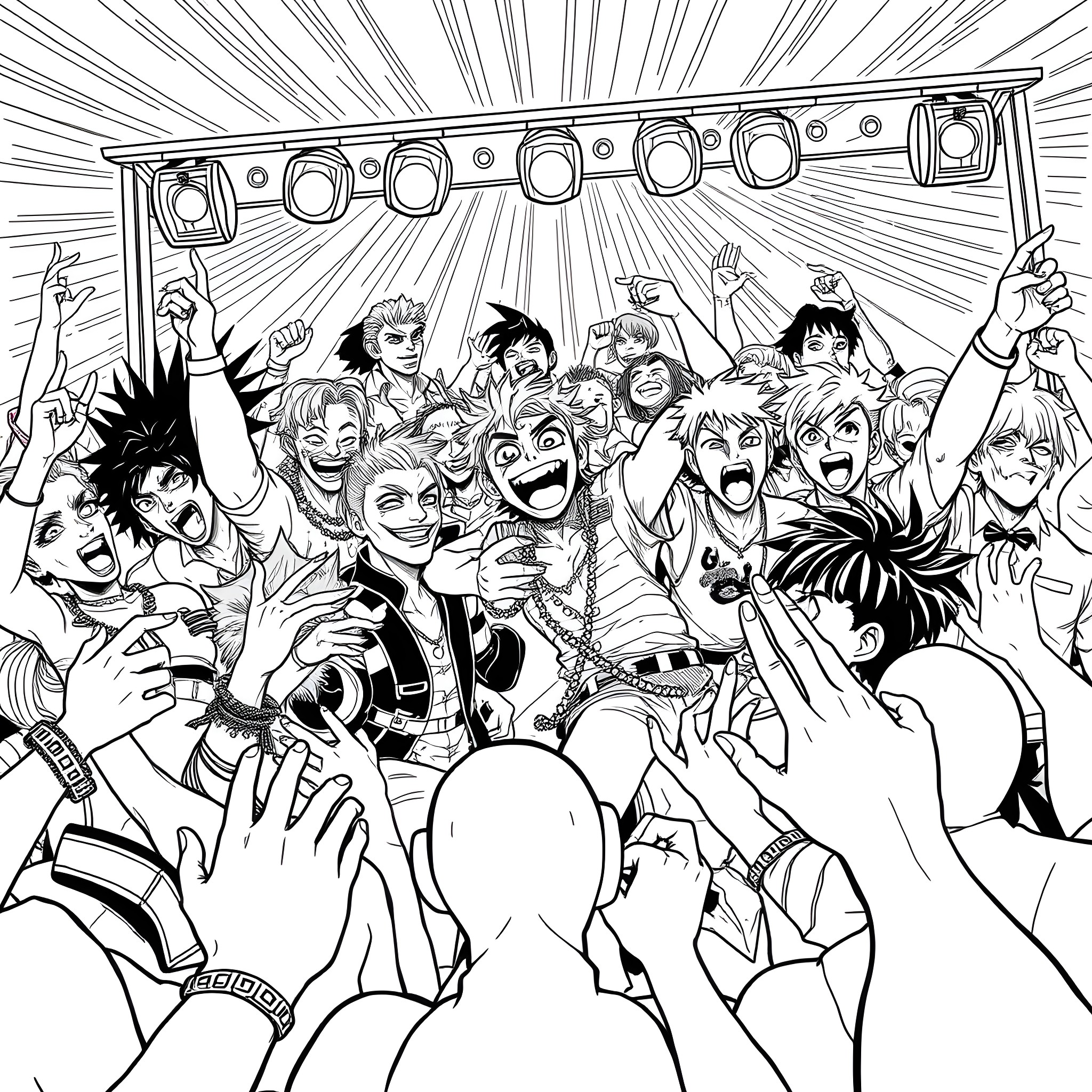 Character attending a lively musical performance on stage Coloring Page (free black-and-white line drawing printable PDF for all, from beginners to advanced learners, including children, teens, adults, and seniors)