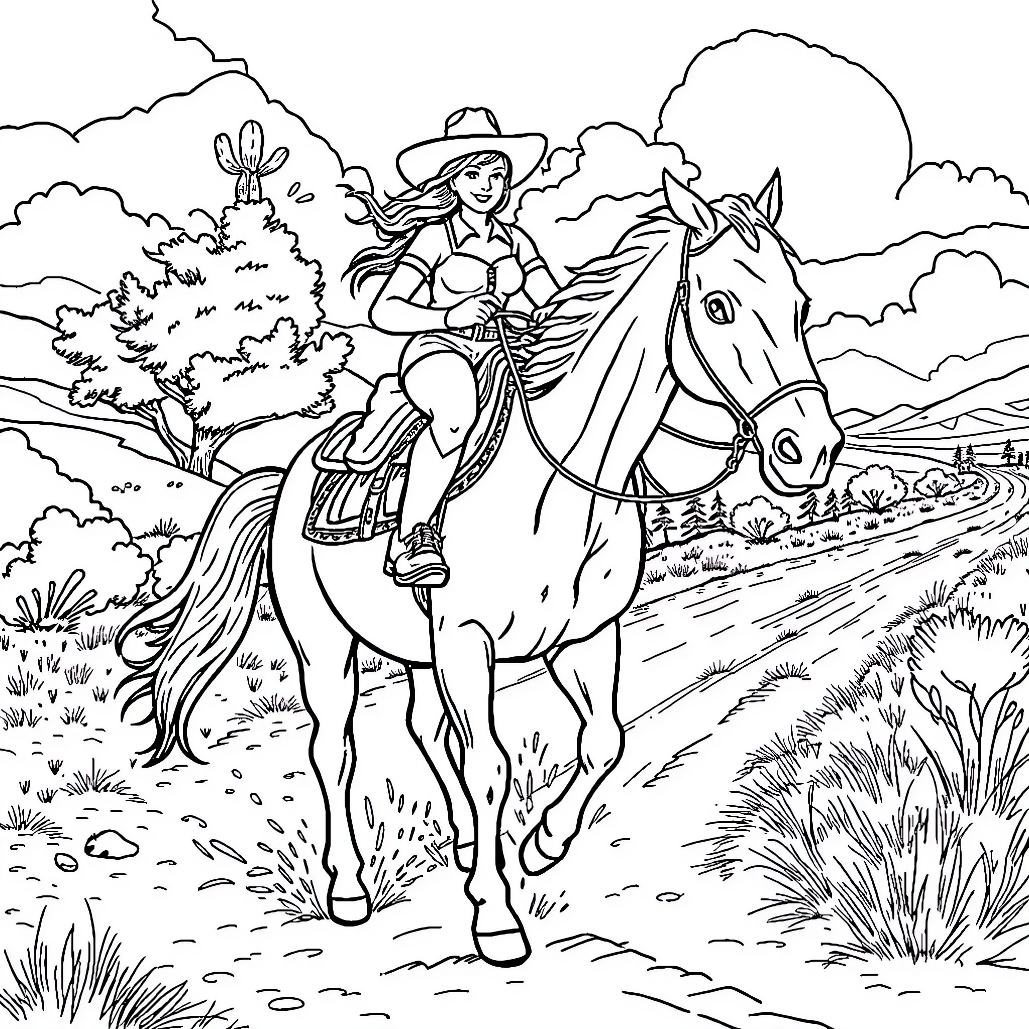 Jessie Murph Riding a Horse on a Scenic Trail Coloring Page (free black-and-white line drawing printable PDF for all, from beginners to advanced learners, including children, teens, adults, and seniors)