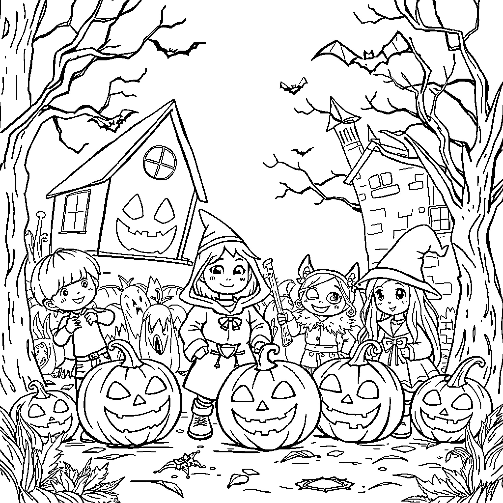 Halloween Kids Trick-or-Treating in Haunted Forest Coloring Page (free black-and-white line drawing printable PDF for all, from beginners to advanced learners, including children, teens, adults, and seniors)
