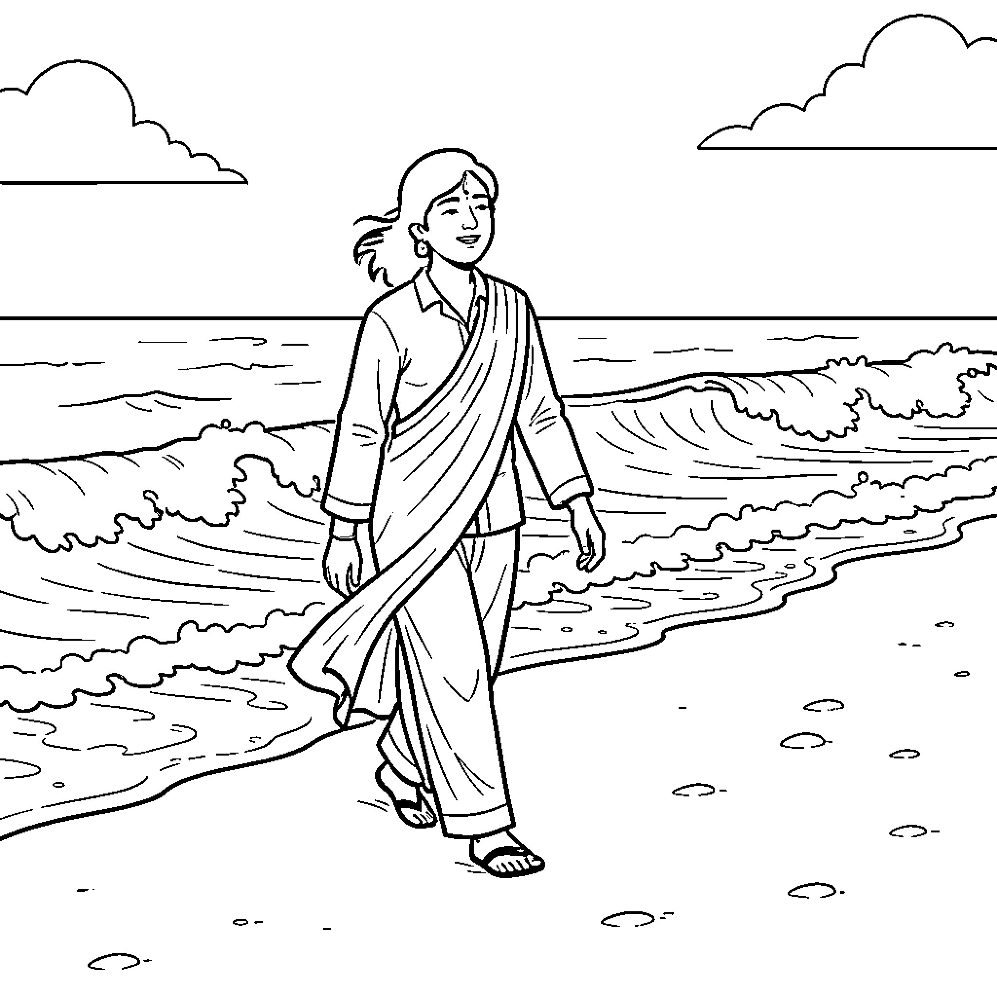 Person walking smilingly along the beach waves Coloring Page (free black-and-white line drawing printable PDF for all, from beginners to advanced learners, including children, teens, adults, and seniors)