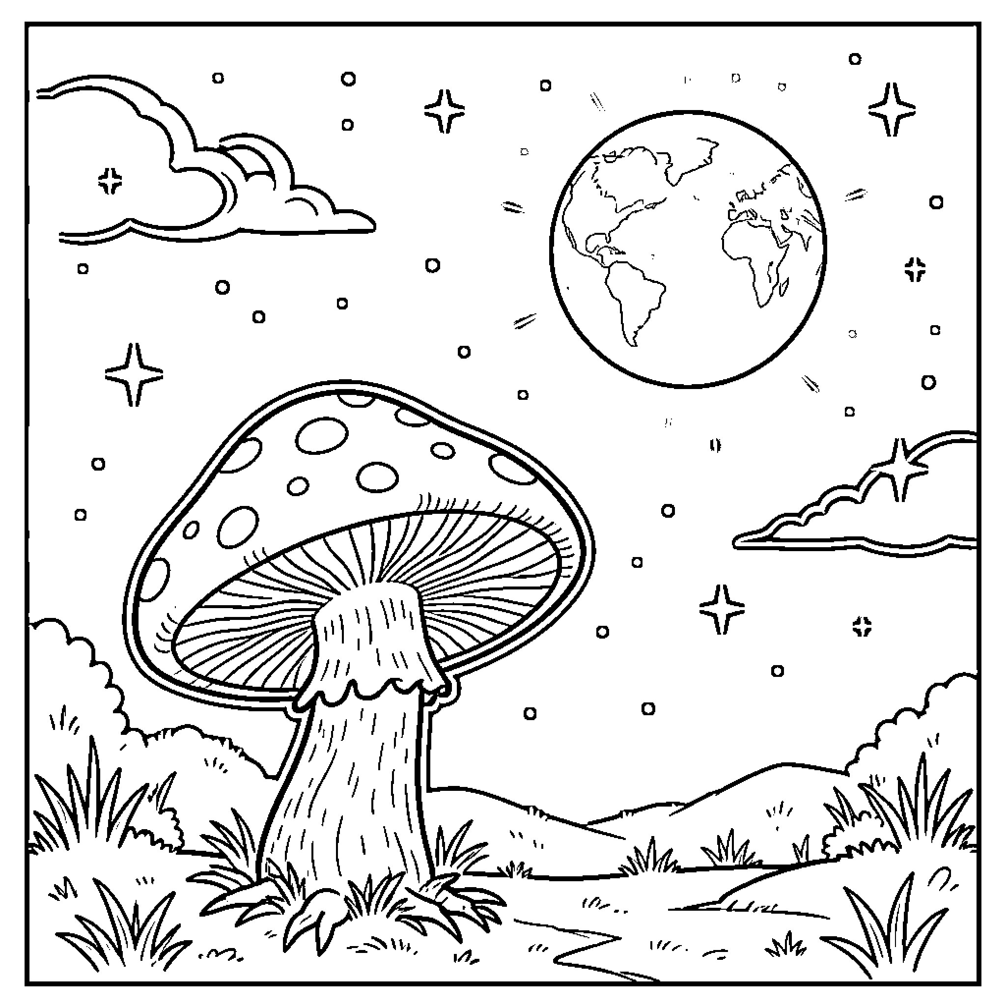 Hongo exploring the cosmic landscape Coloring Page (free black-and-white line drawing printable PDF for all, from beginners to advanced learners, including children, teens, adults, and seniors)