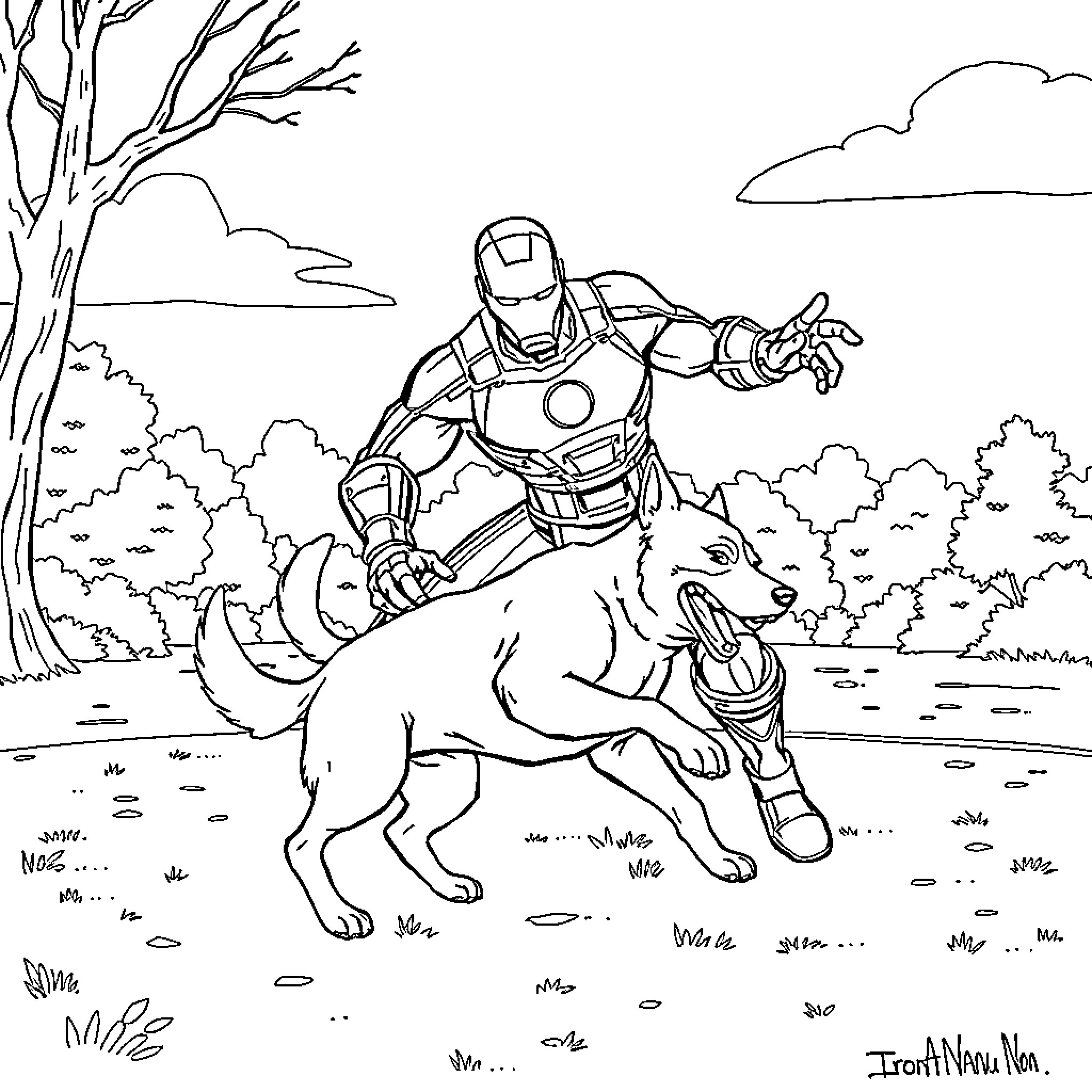 Iron Man riding a wolf in a forest landscape Coloring Page (free black-and-white line drawing printable PDF for all, from beginners to advanced learners, including children, teens, adults, and seniors)