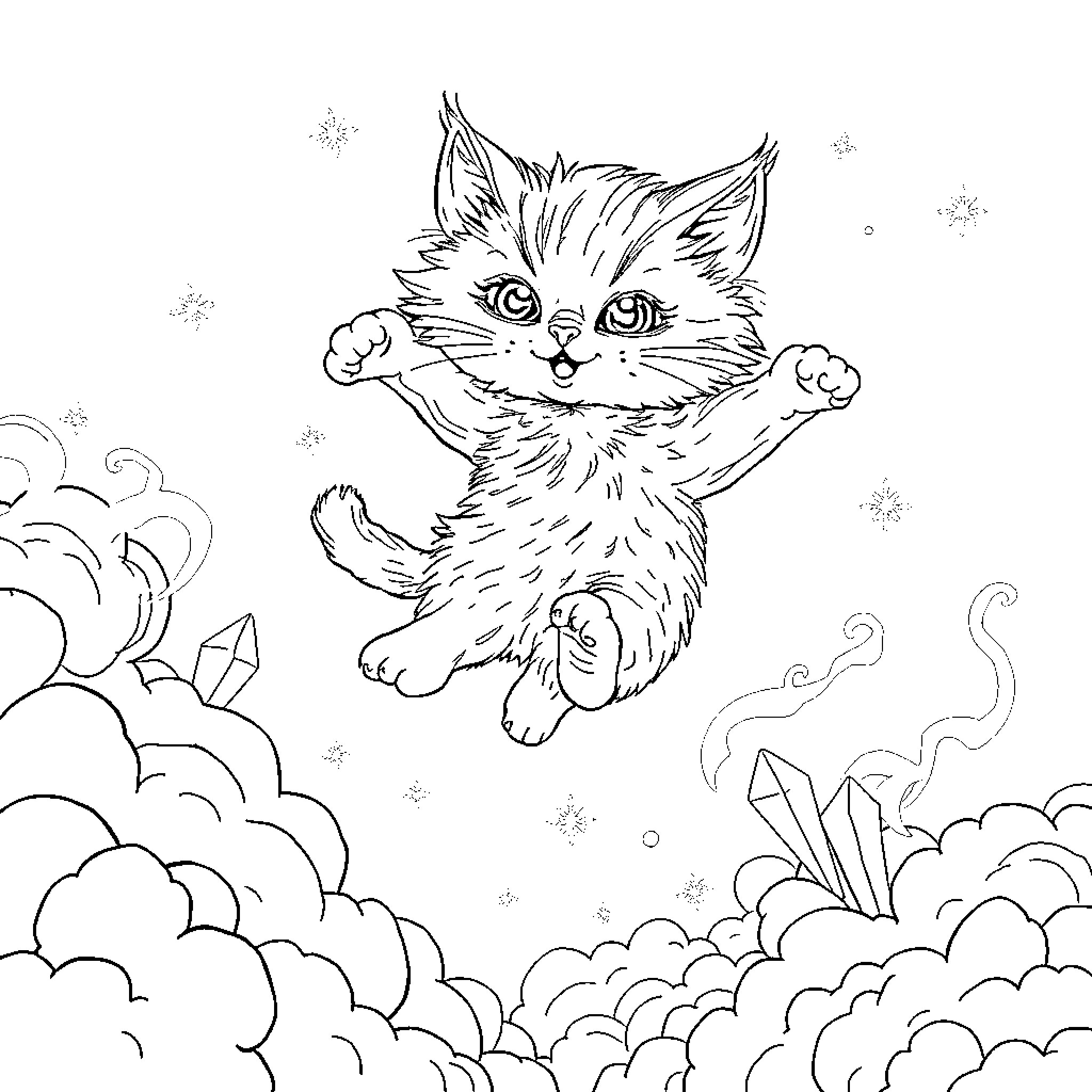 Cat playfully floating in the clouds Coloring Page (free black-and-white line drawing printable PDF for all, from beginners to advanced learners, including children, teens, adults, and seniors)