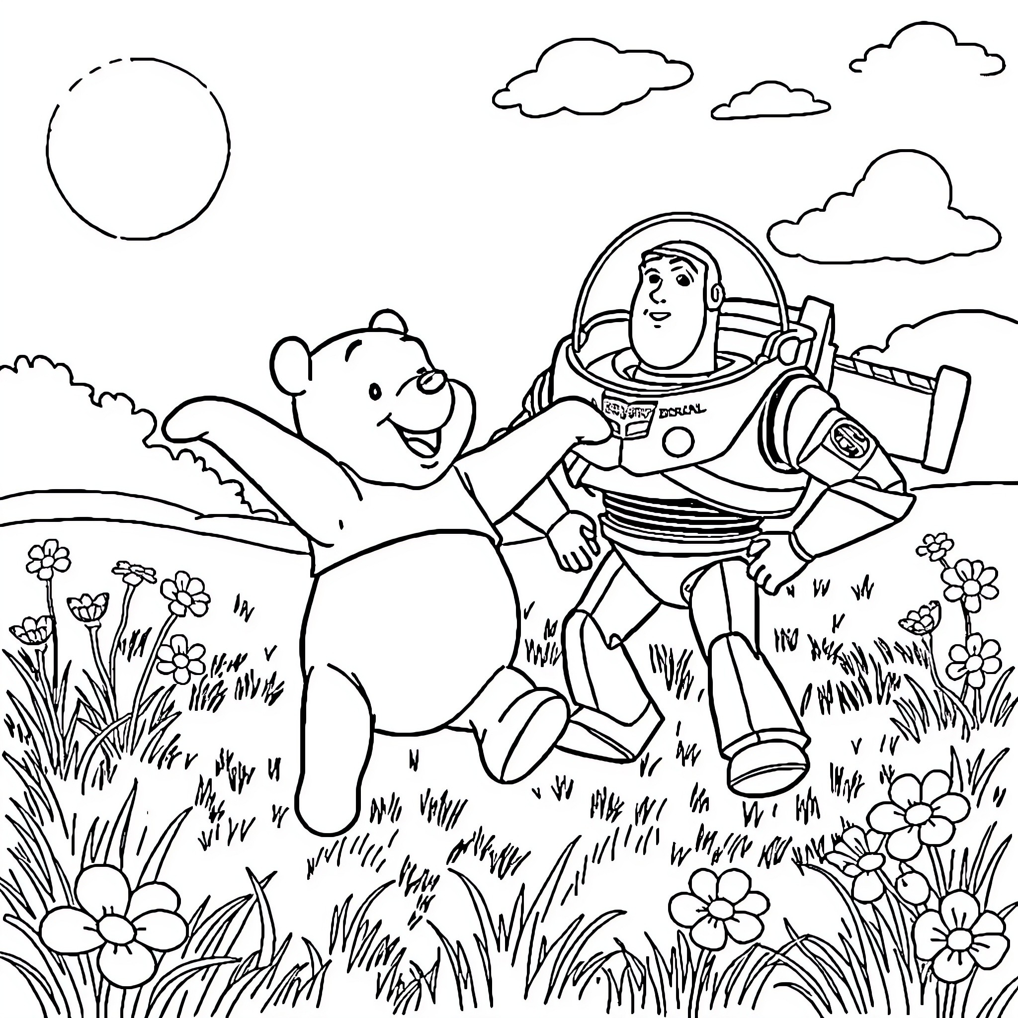 Winnie The Pooh and Buzz Lightyear Playing in the Meadow Coloring Page (free black-and-white line drawing printable PDF for all, from beginners to advanced learners, including children, teens, adults, and seniors)
