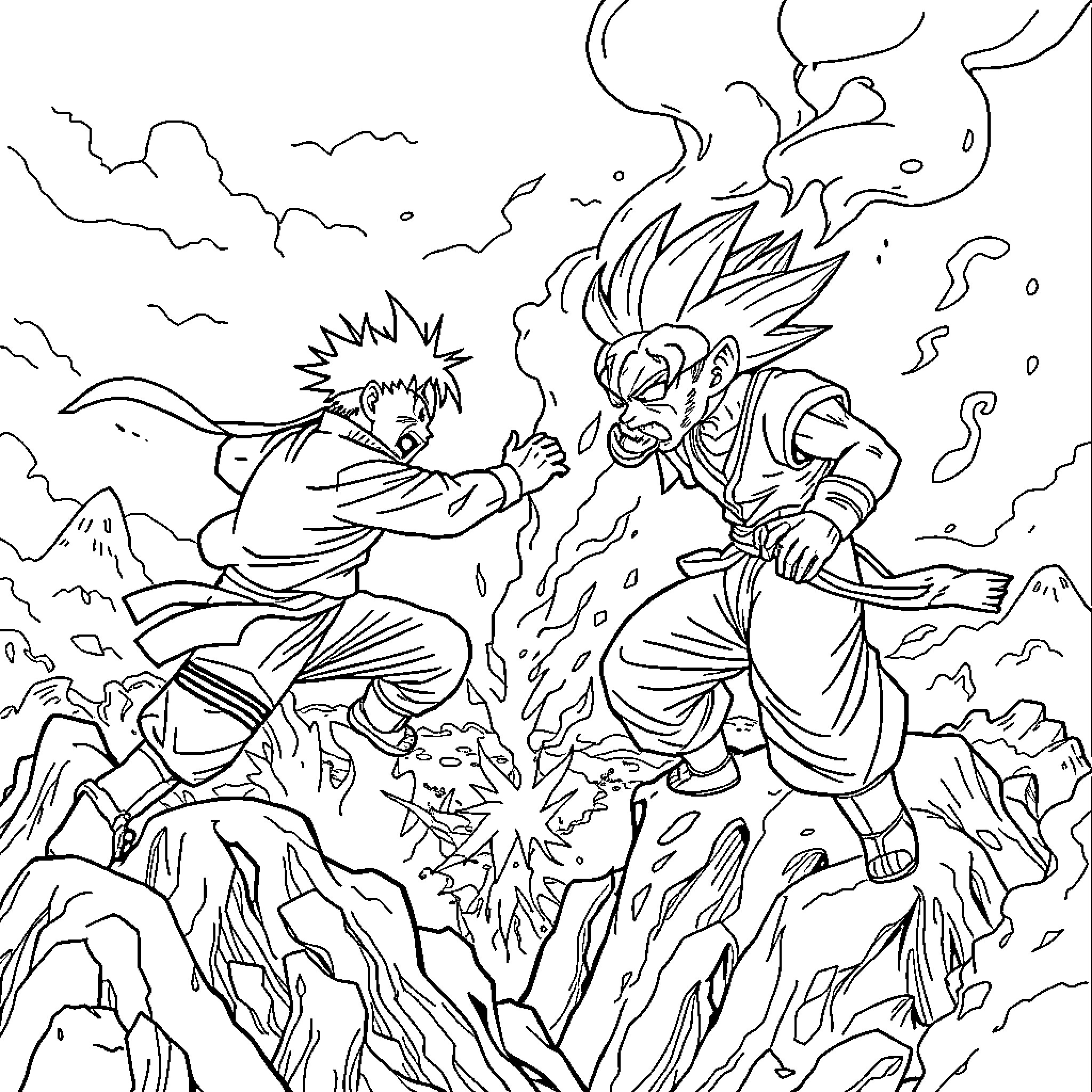 Naruto characters engaged in fierce battle Coloring Page (free black-and-white line drawing printable PDF for all, from beginners to advanced learners, including children, teens, adults, and seniors)
