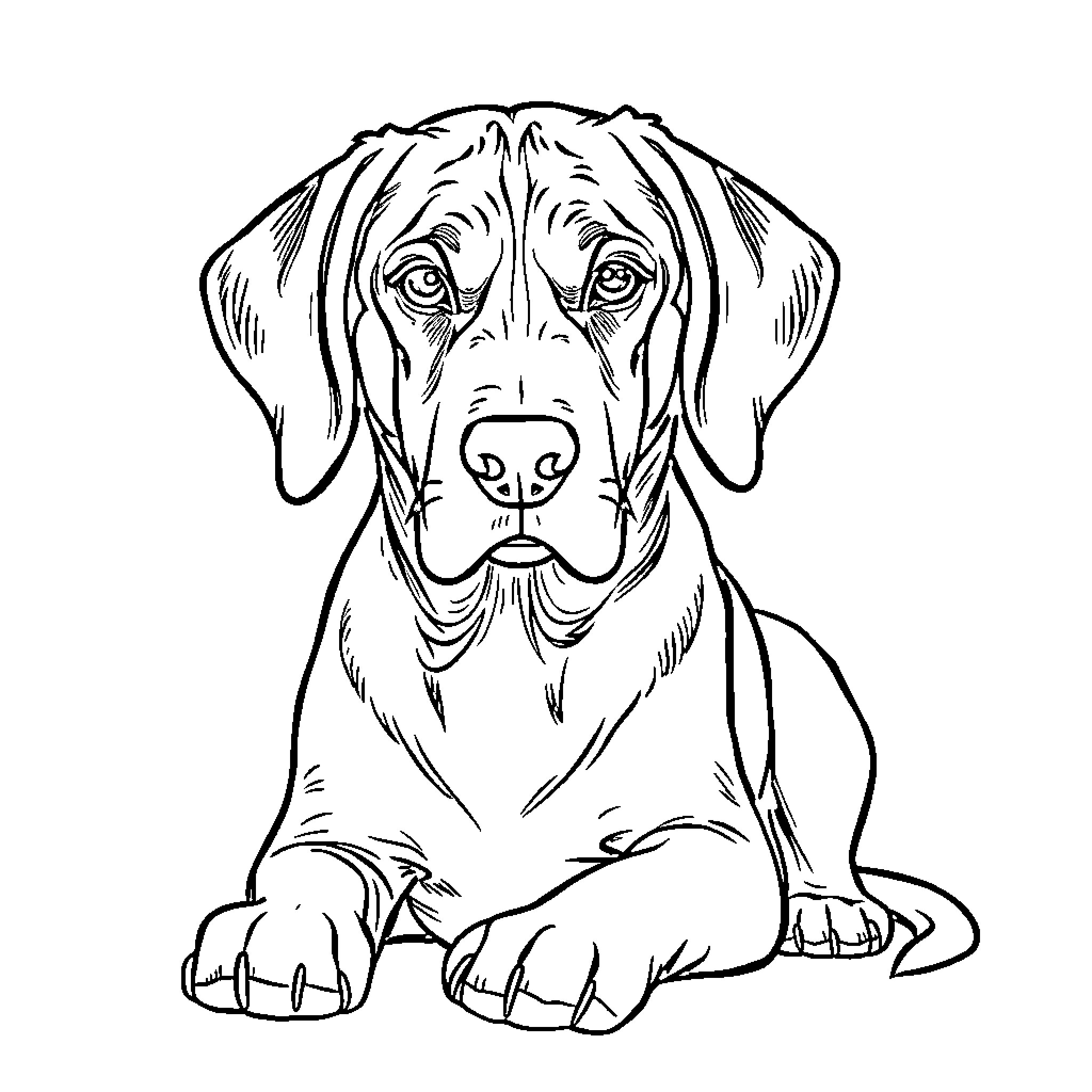 Hound puppy sitting attentively Coloring Page (free black-and-white line drawing printable PDF for all, from beginners to advanced learners, including children, teens, adults, and seniors)