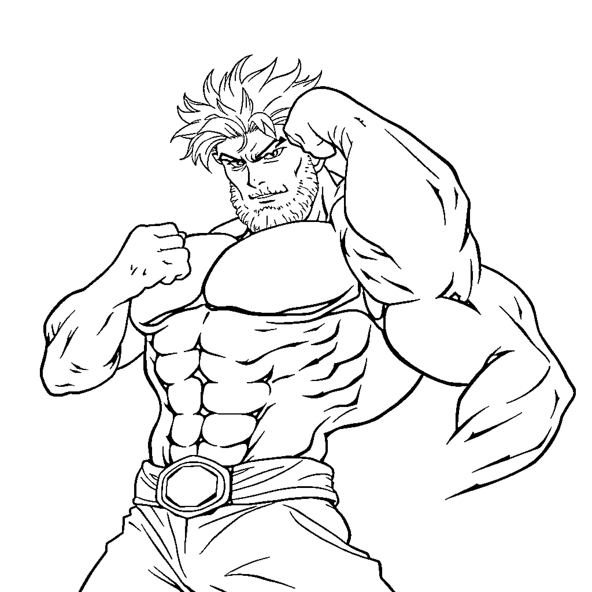 Musclor flexing in a fighting stance Coloring Page (free black-and-white line drawing printable PDF for all, from beginners to advanced learners, including children, teens, adults, and seniors)