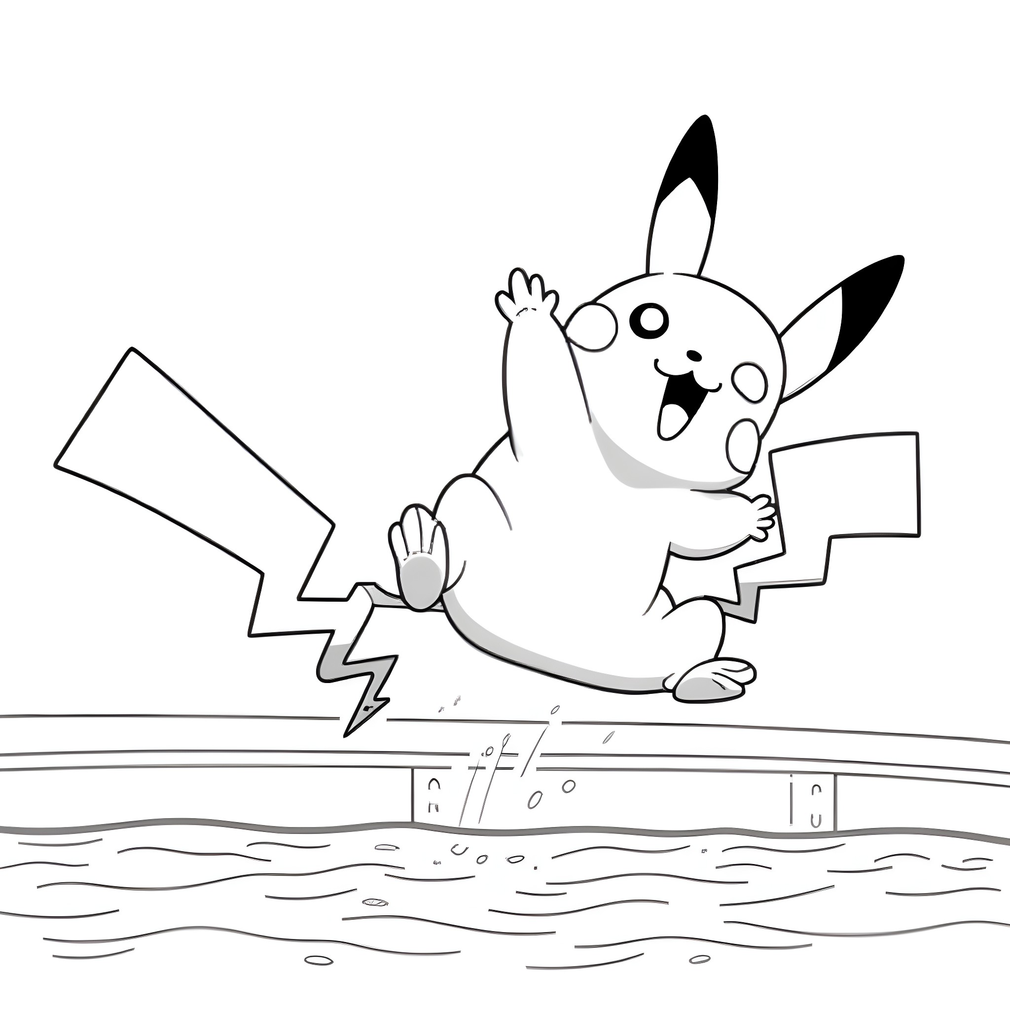 Pikachu jumping excitedly with thunderbolt Coloring Page (free black-and-white line drawing printable PDF for all, from beginners to advanced learners, including children, teens, adults, and seniors)