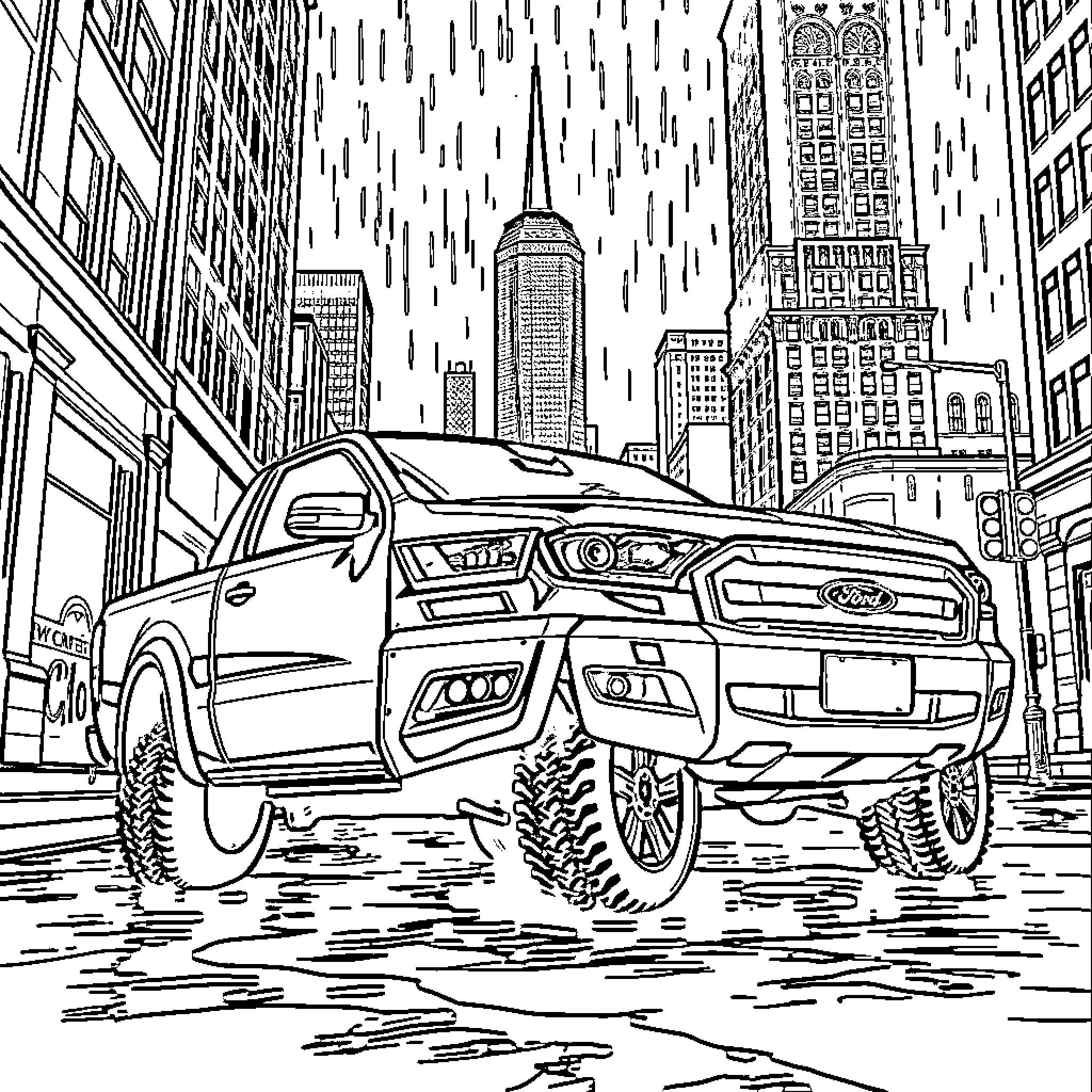 Ford Ranger driving through rainy city streets Coloring Page (free black-and-white line drawing printable PDF for all, from beginners to advanced learners, including children, teens, adults, and seniors)