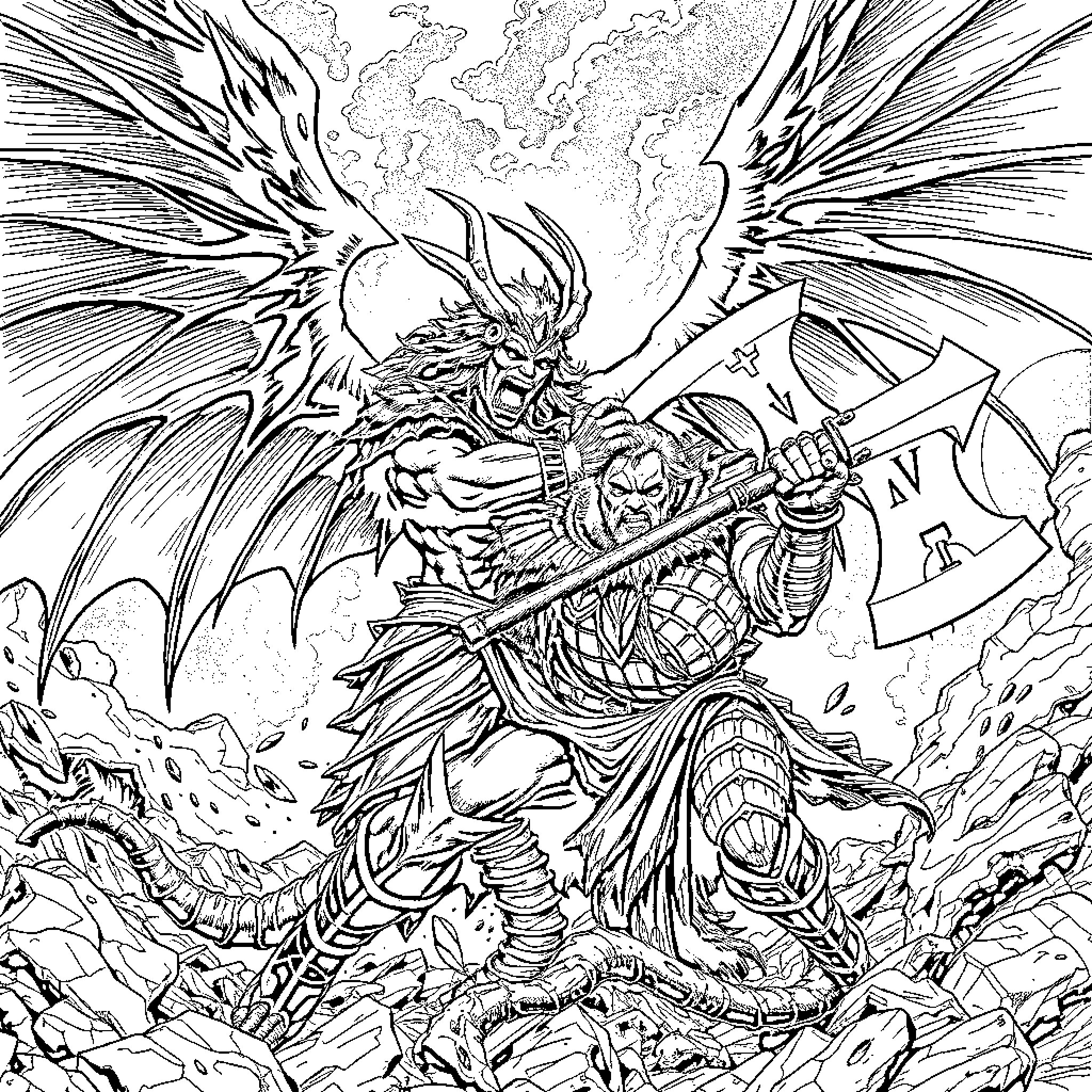Sanguinius, the Angelic Warrior's Fierce Battle Coloring Page (free black-and-white line drawing printable PDF for all, from beginners to advanced learners, including children, teens, adults, and seniors)
