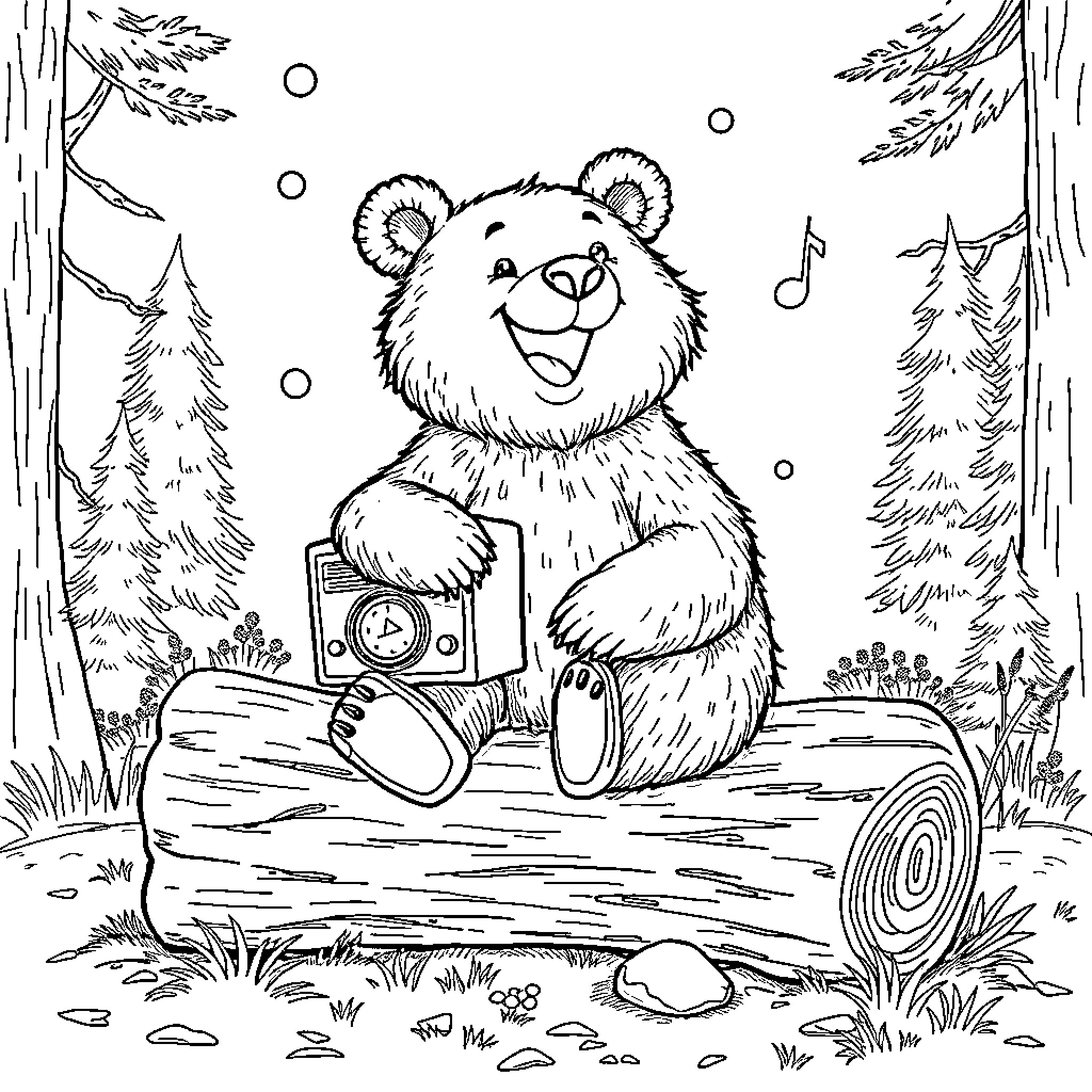 Bear enjoying the outdoors with a camera Coloring Page (free black-and-white line drawing printable PDF for all, from beginners to advanced learners, including children, teens, adults, and seniors)