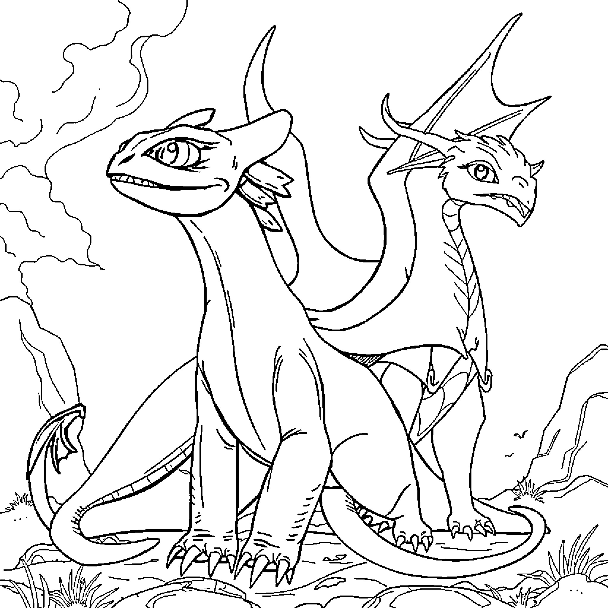Dragon Duo Unleashing Mystical Might Coloring Page (free black-and-white line drawing printable PDF for all, from beginners to advanced learners, including children, teens, adults, and seniors)