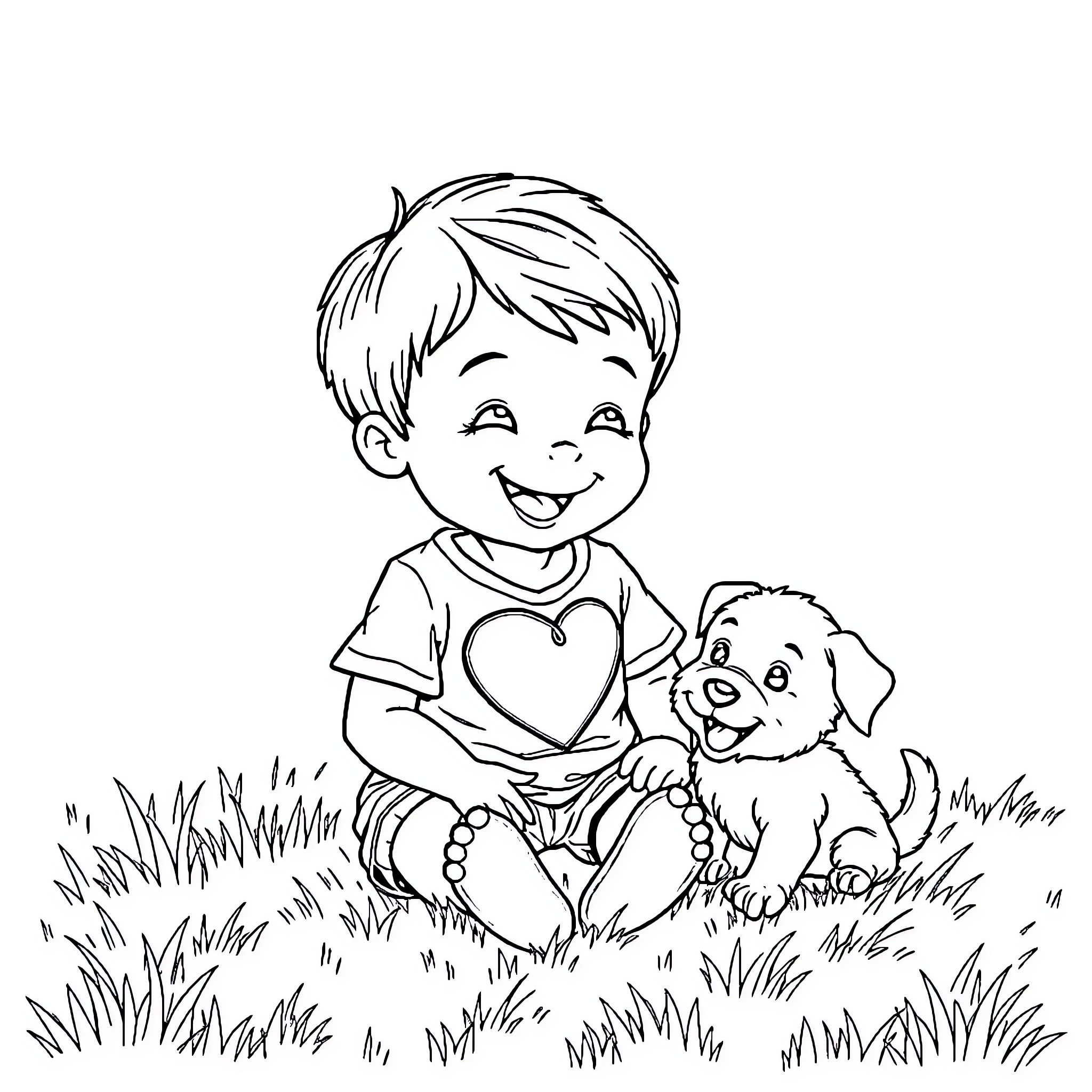 Child playing joyfully with puppy in field Coloring Page (free black-and-white line drawing printable PDF for all, from beginners to advanced learners, including children, teens, adults, and seniors)