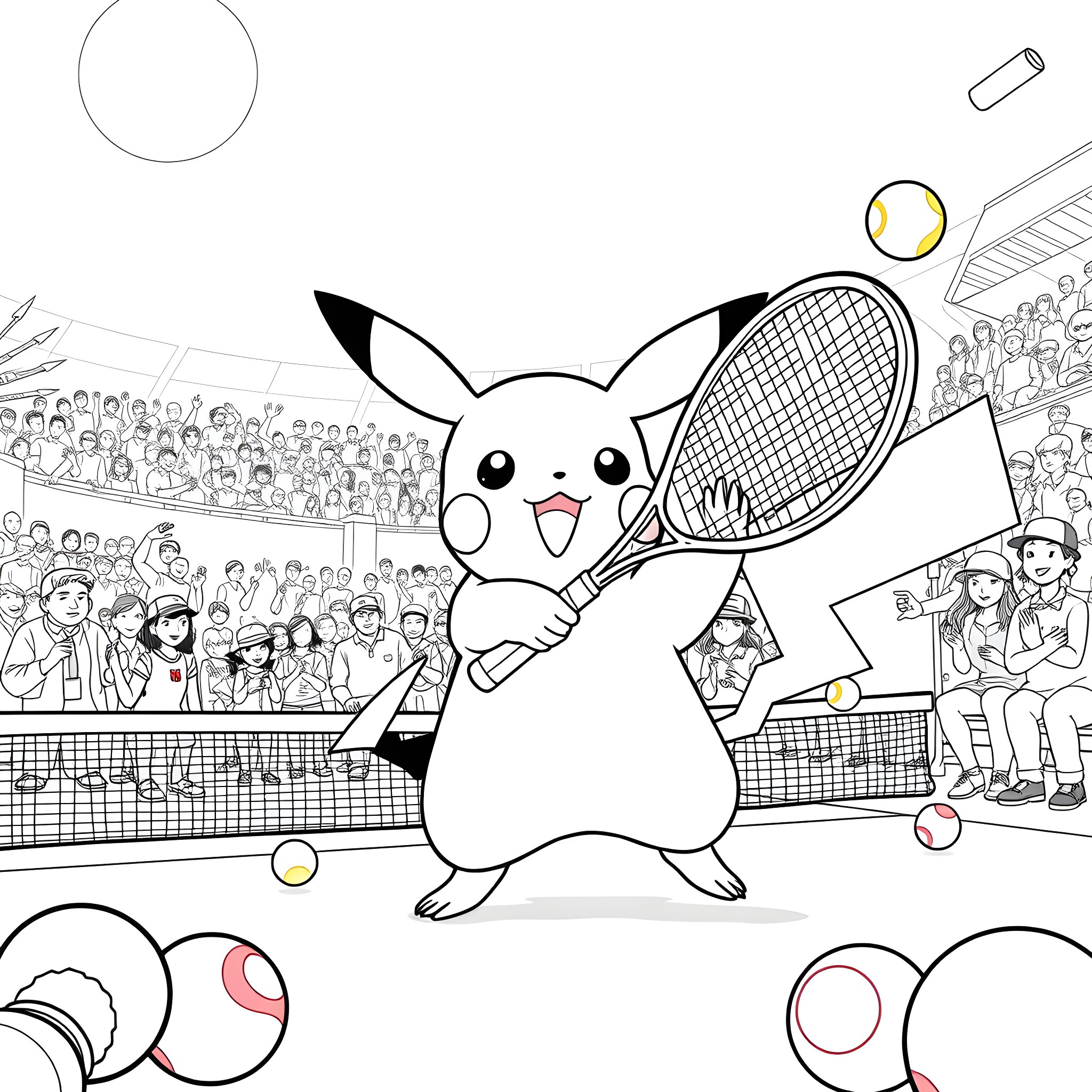 Pikachu playing tennis at a crowded stadium Coloring Page (free black-and-white line drawing printable PDF for all, from beginners to advanced learners, including children, teens, adults, and seniors)