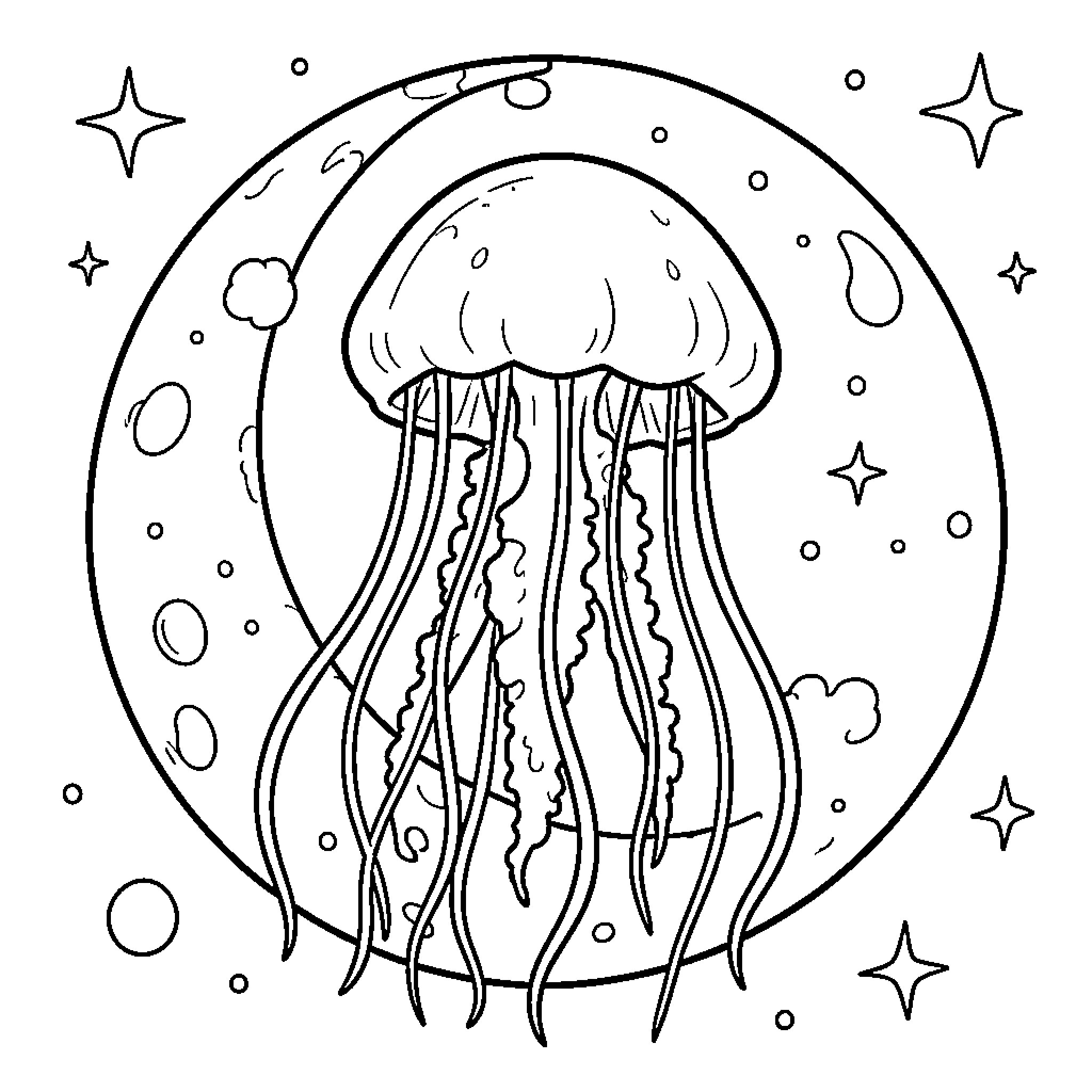 Moon Jellyfish floating gracefully in front of a large moon Coloring Page (free black-and-white line drawing printable PDF for all, from beginners to advanced learners, including children, teens, adults, and seniors)