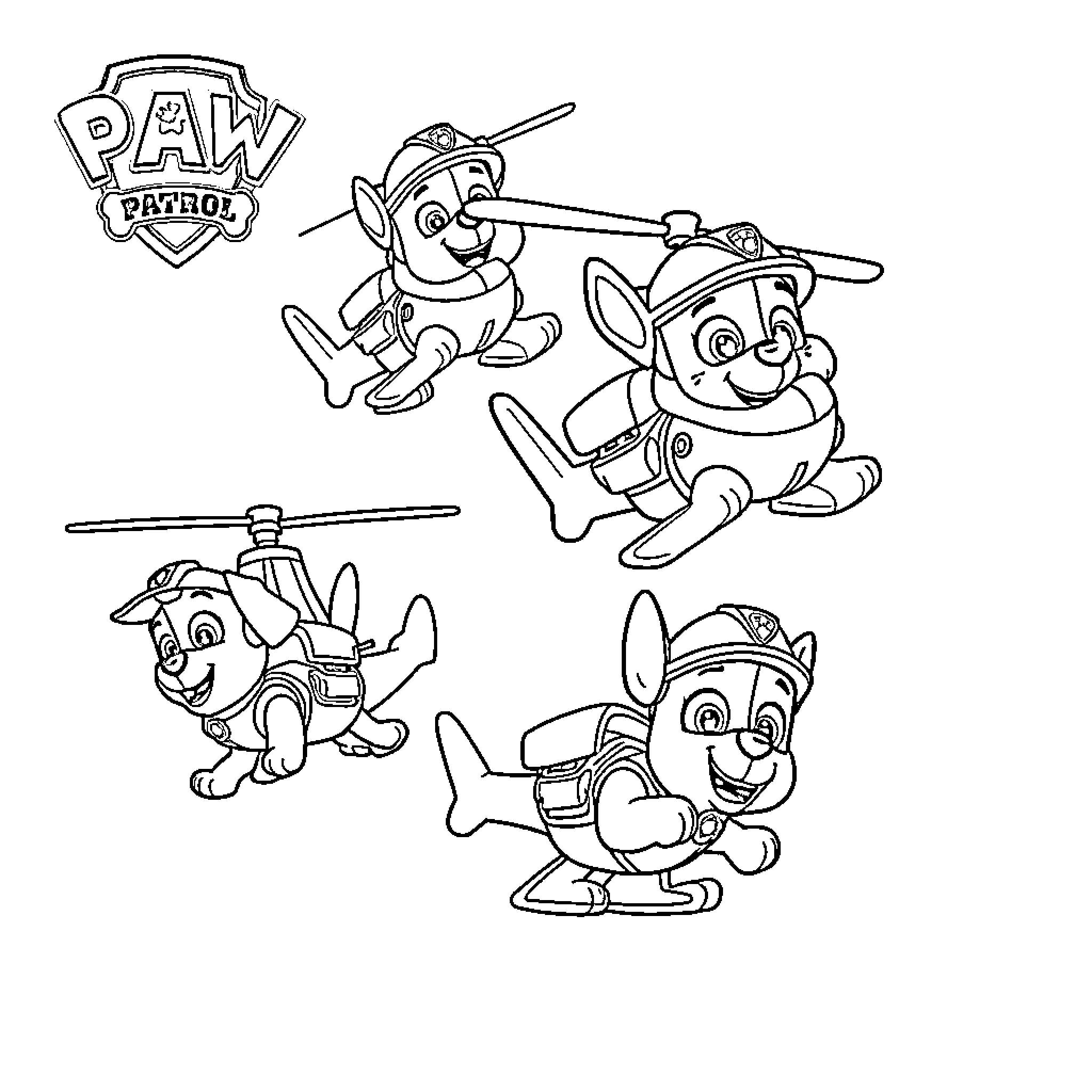 Paw Patrol characters in various poses Coloring Page (free black-and-white line drawing printable PDF for all, from beginners to advanced learners, including children, teens, adults, and seniors)