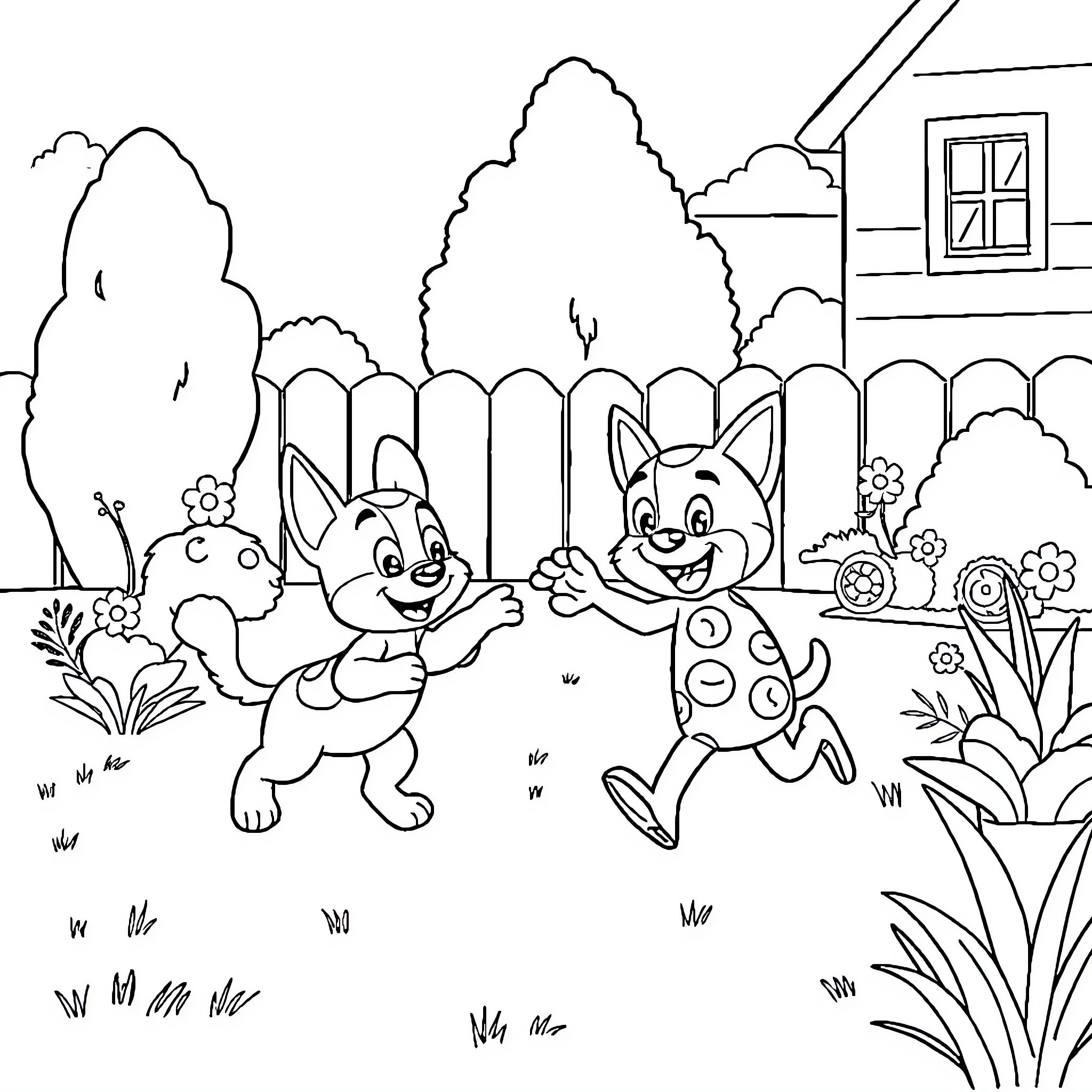 Bluey and friends playing in the yard Coloring Page (free black-and-white line drawing printable PDF for all, from beginners to advanced learners, including children, teens, adults, and seniors)