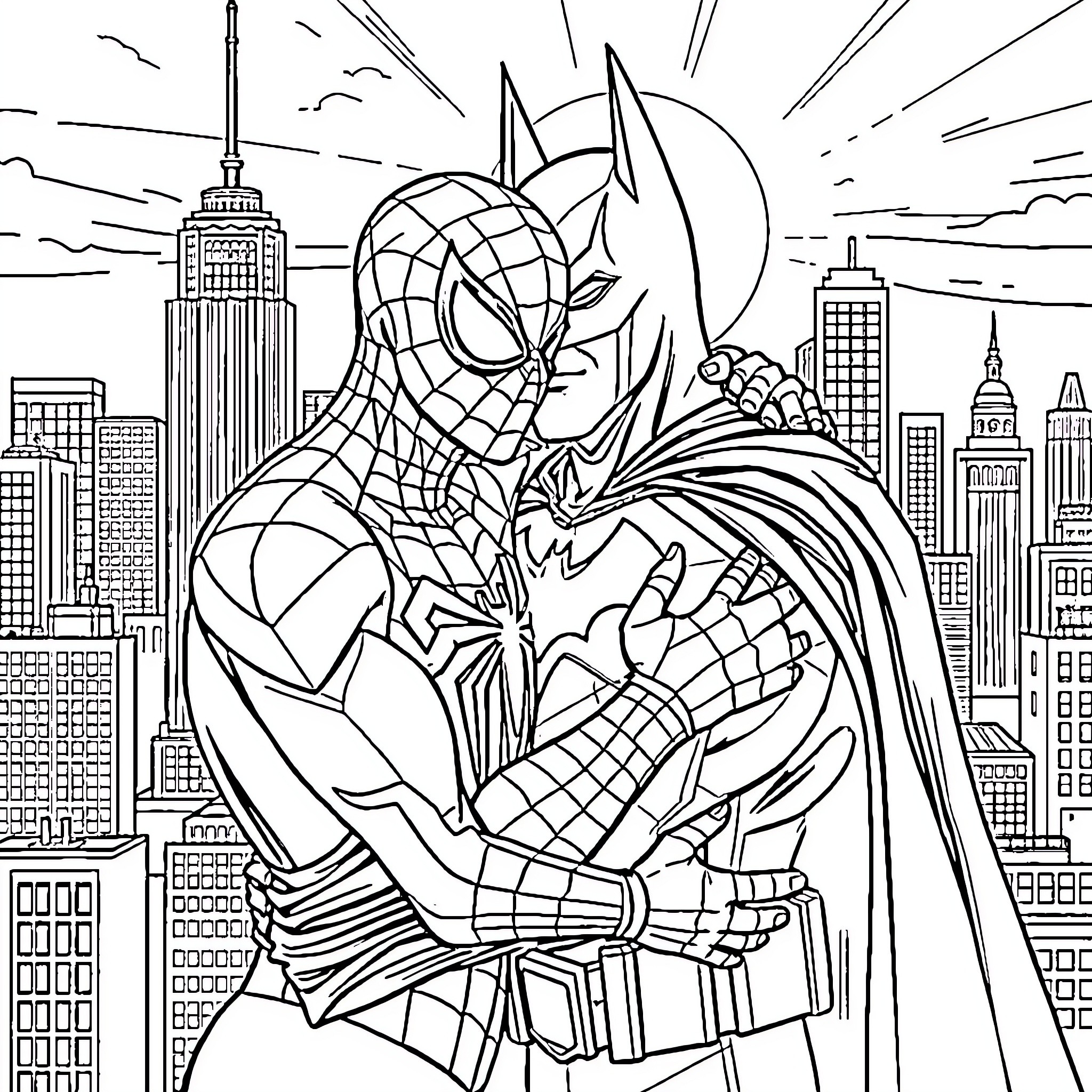 Spider-Man Battles Villains in the City Coloring Page (free black-and-white line drawing printable PDF for all, from beginners to advanced learners, including children, teens, adults, and seniors)