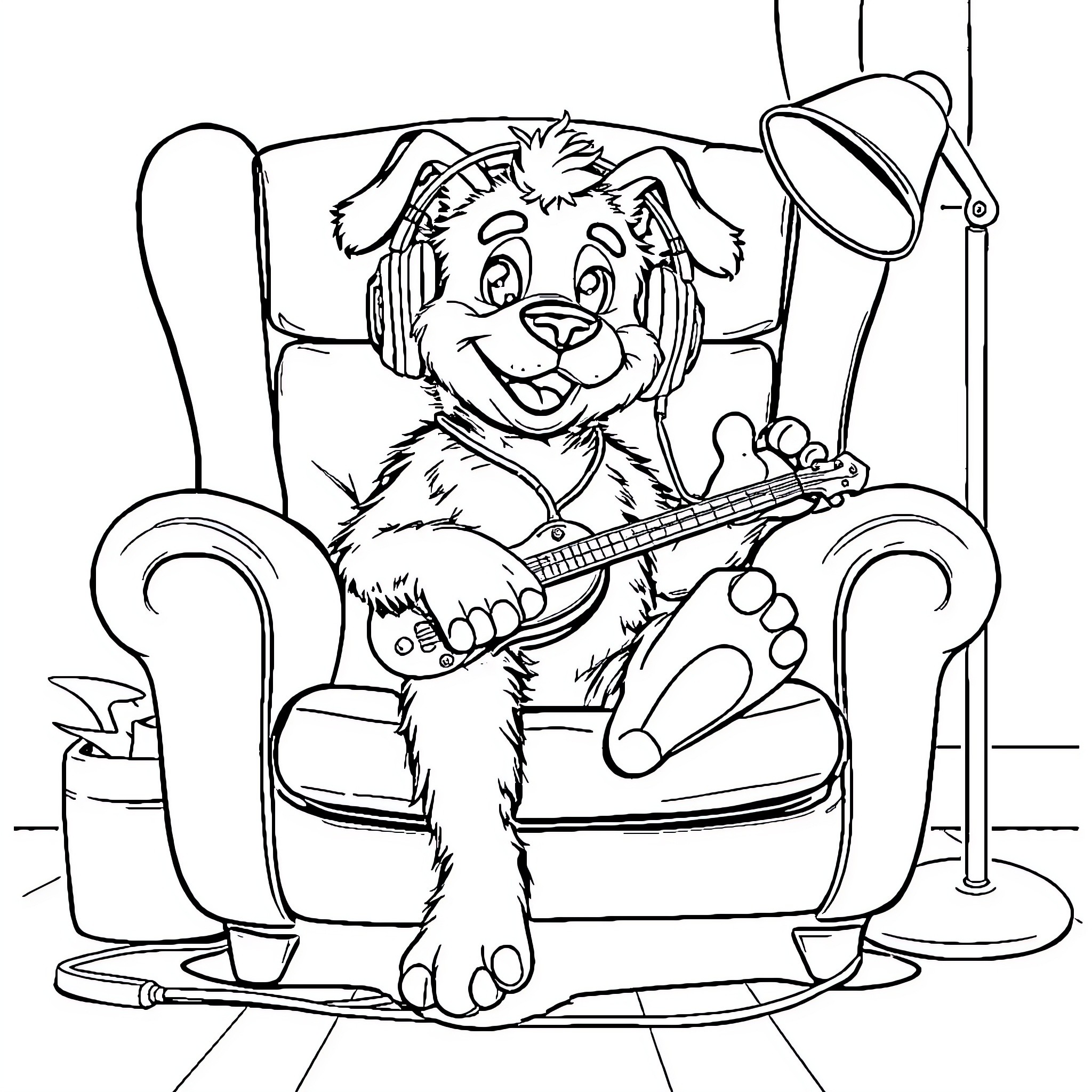 Pawatrol: Playful Pup Performing on Stage Coloring Page (free black-and-white line drawing printable PDF for all, from beginners to advanced learners, including children, teens, adults, and seniors)
