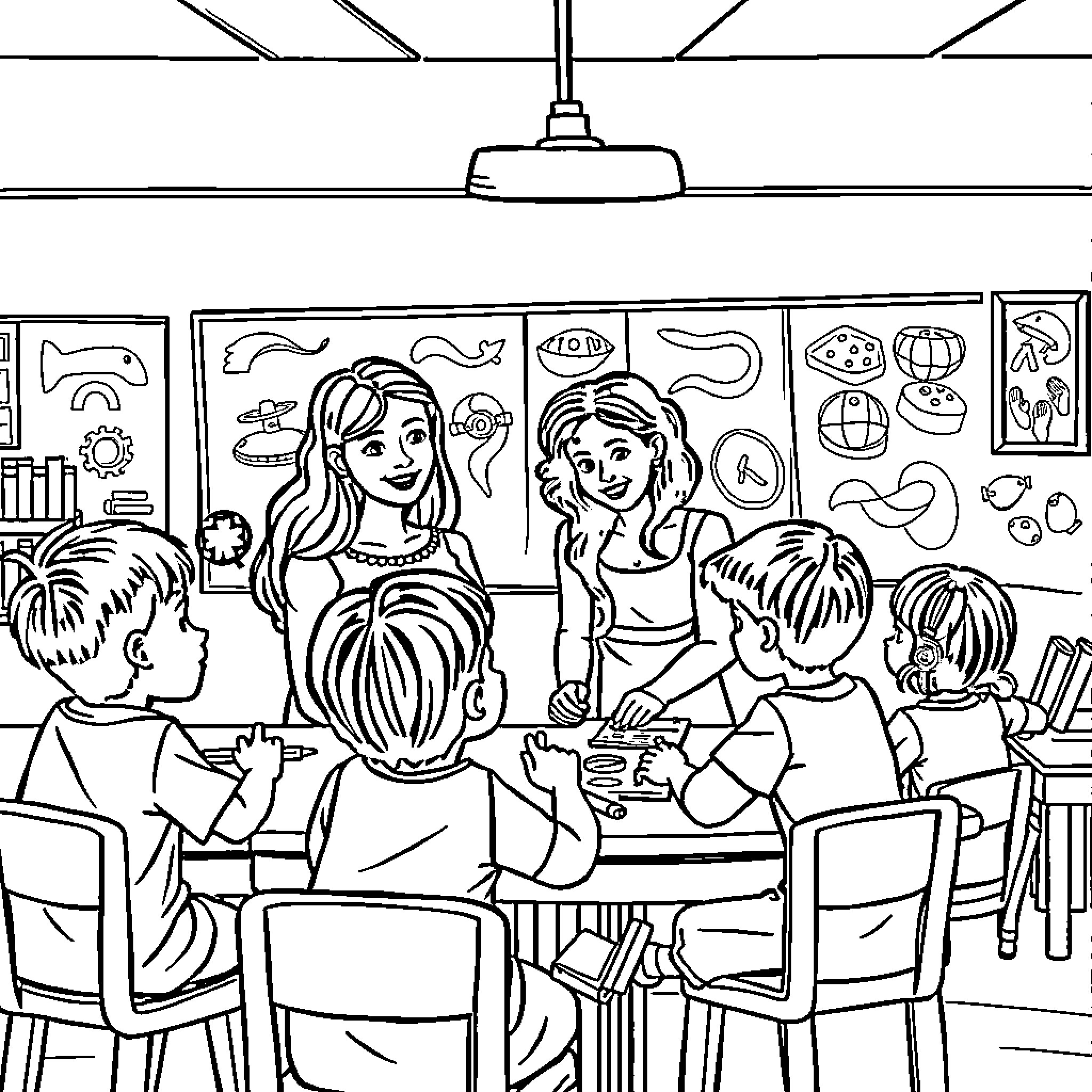 Kid Teachers Engaging Students in Classroom Activities Coloring Page (free black-and-white line drawing printable PDF for all, from beginners to advanced learners, including children, teens, adults, and seniors)