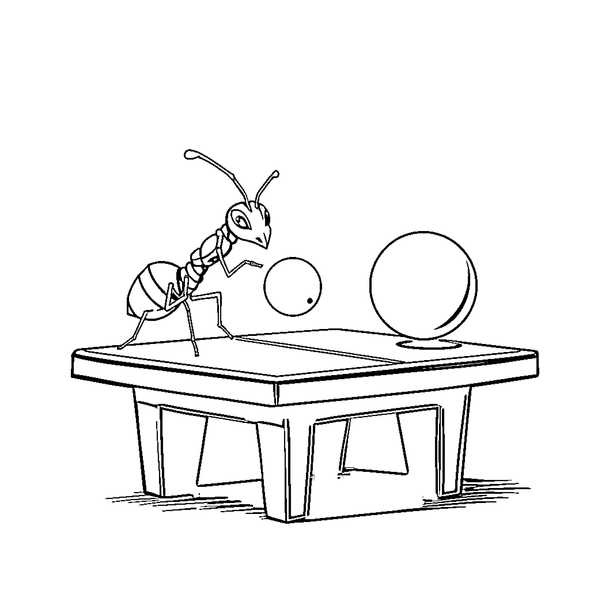 Ant solving a puzzle on a table Coloring Page (free black-and-white line drawing printable PDF for all, from beginners to advanced learners, including children, teens, adults, and seniors)
