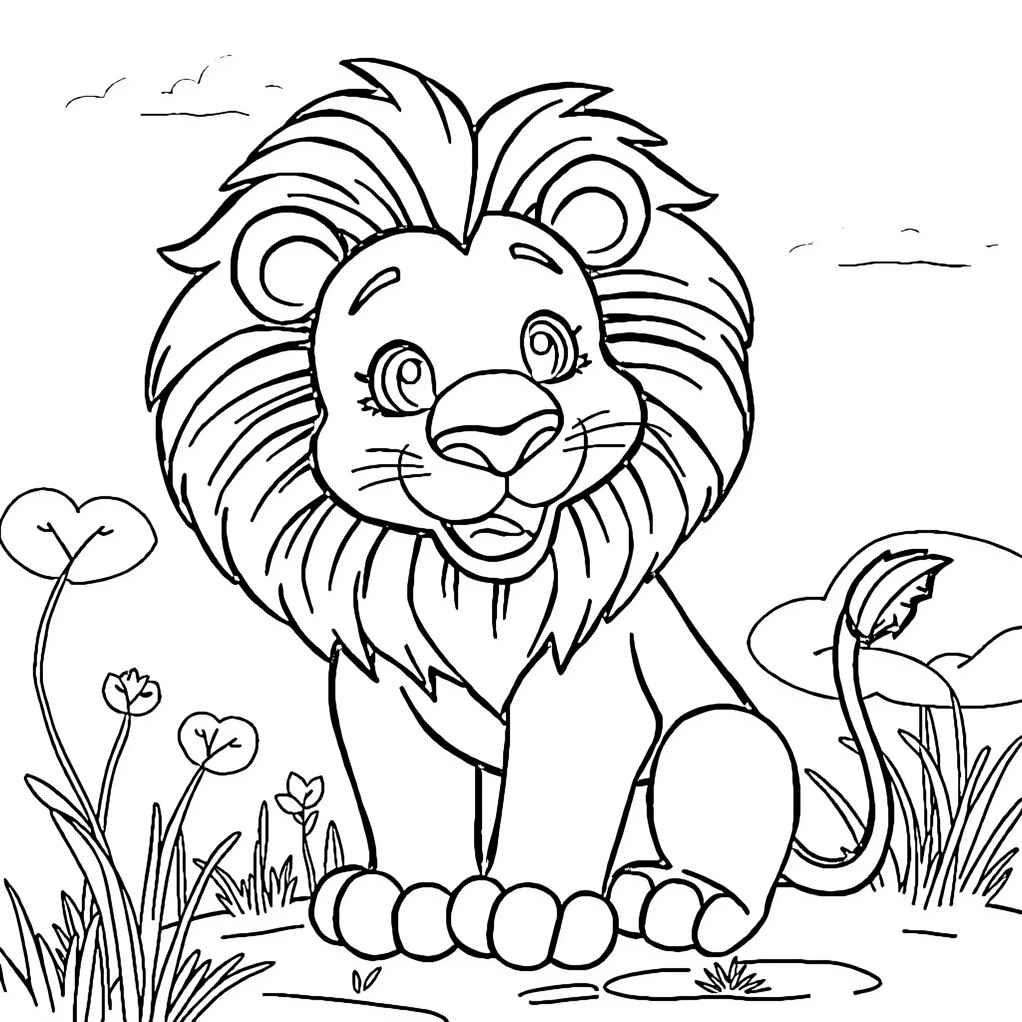 Singa the Smiling Lion in Nature Coloring Page (free black-and-white line drawing printable PDF for all, from beginners to advanced learners, including children, teens, adults, and seniors)
