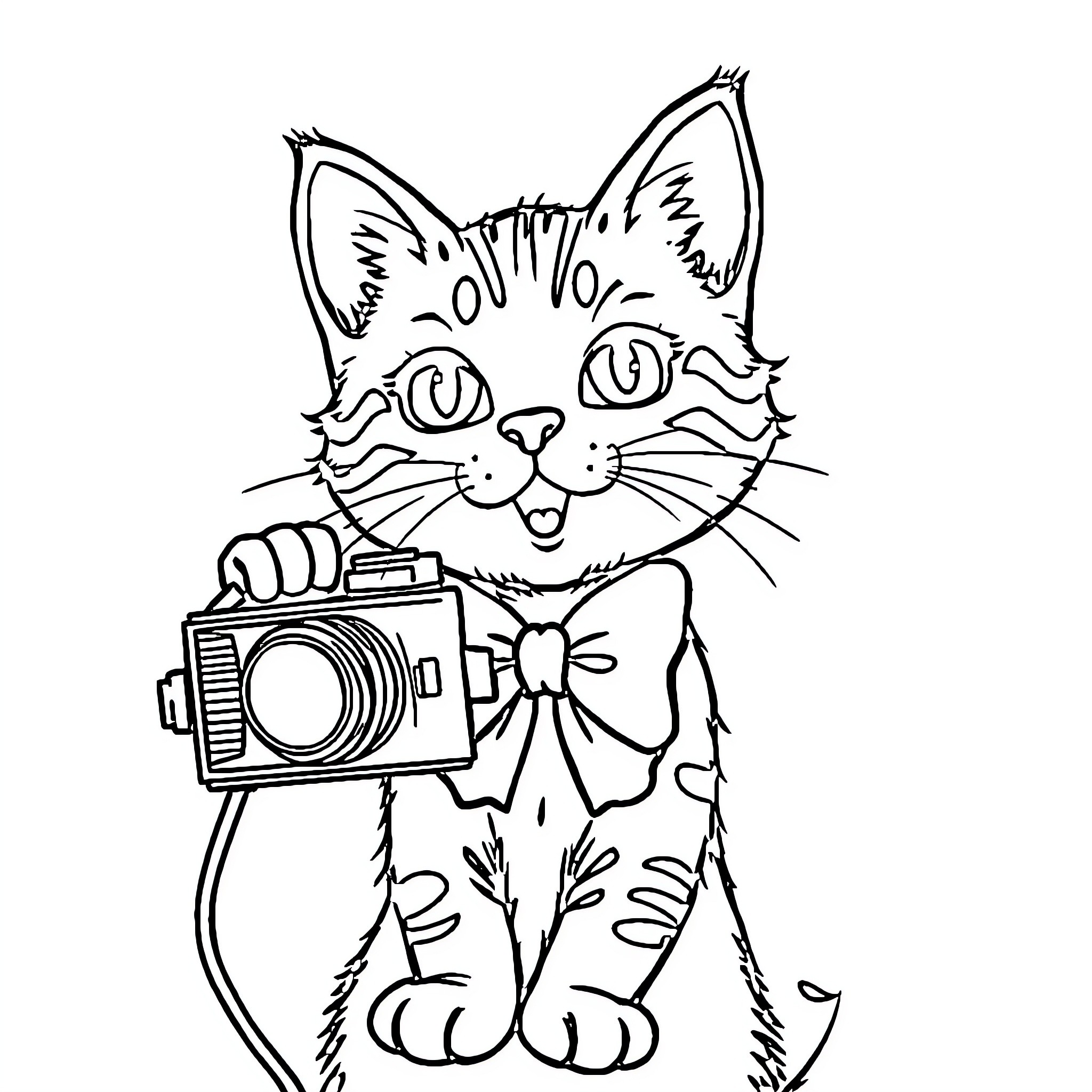 Cat with camera capturing a moment Coloring Page (free black-and-white line drawing printable PDF for all, from beginners to advanced learners, including children, teens, adults, and seniors)