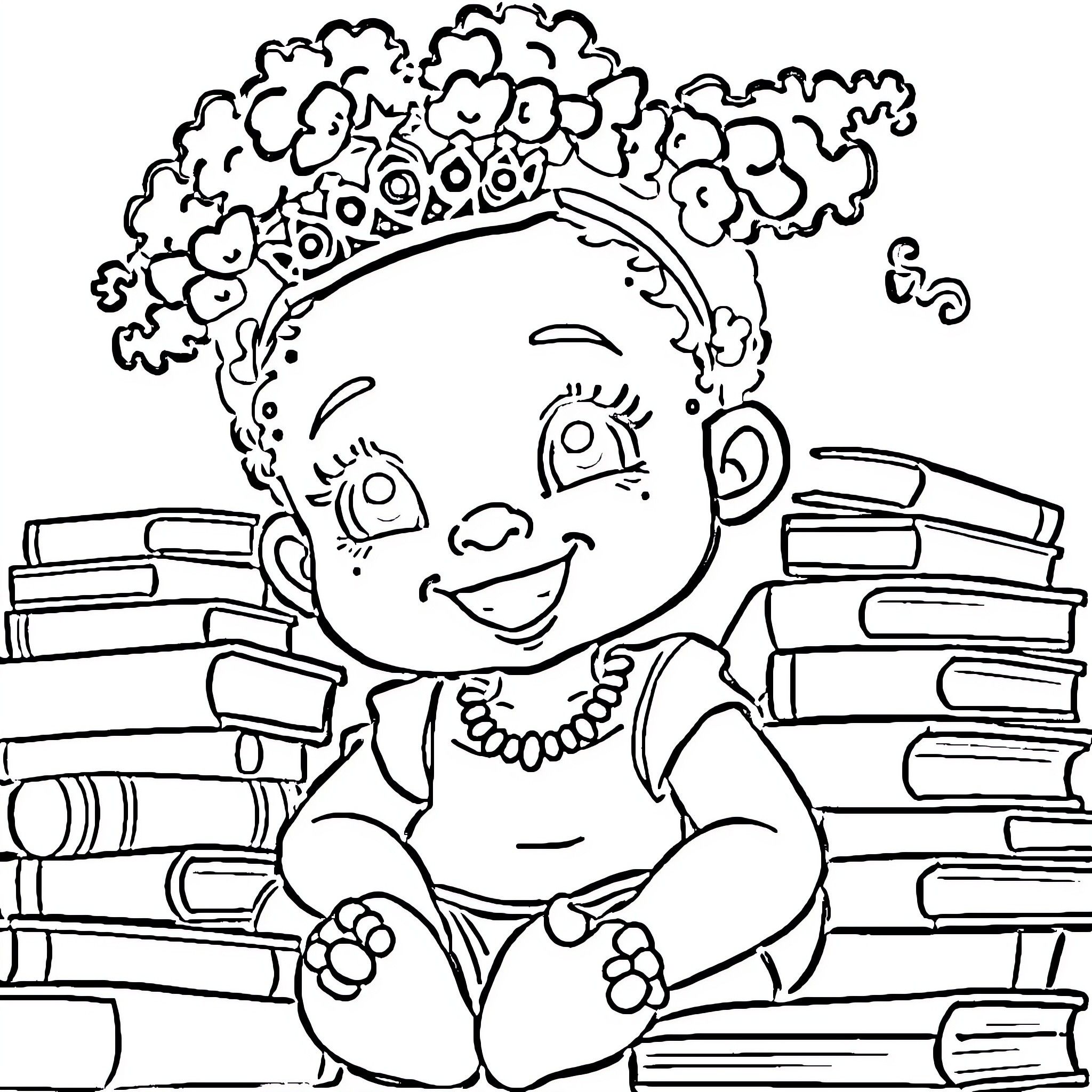 Toddler playing happily with books Coloring Page (free black-and-white line drawing printable PDF for all, from beginners to advanced learners, including children, teens, adults, and seniors)