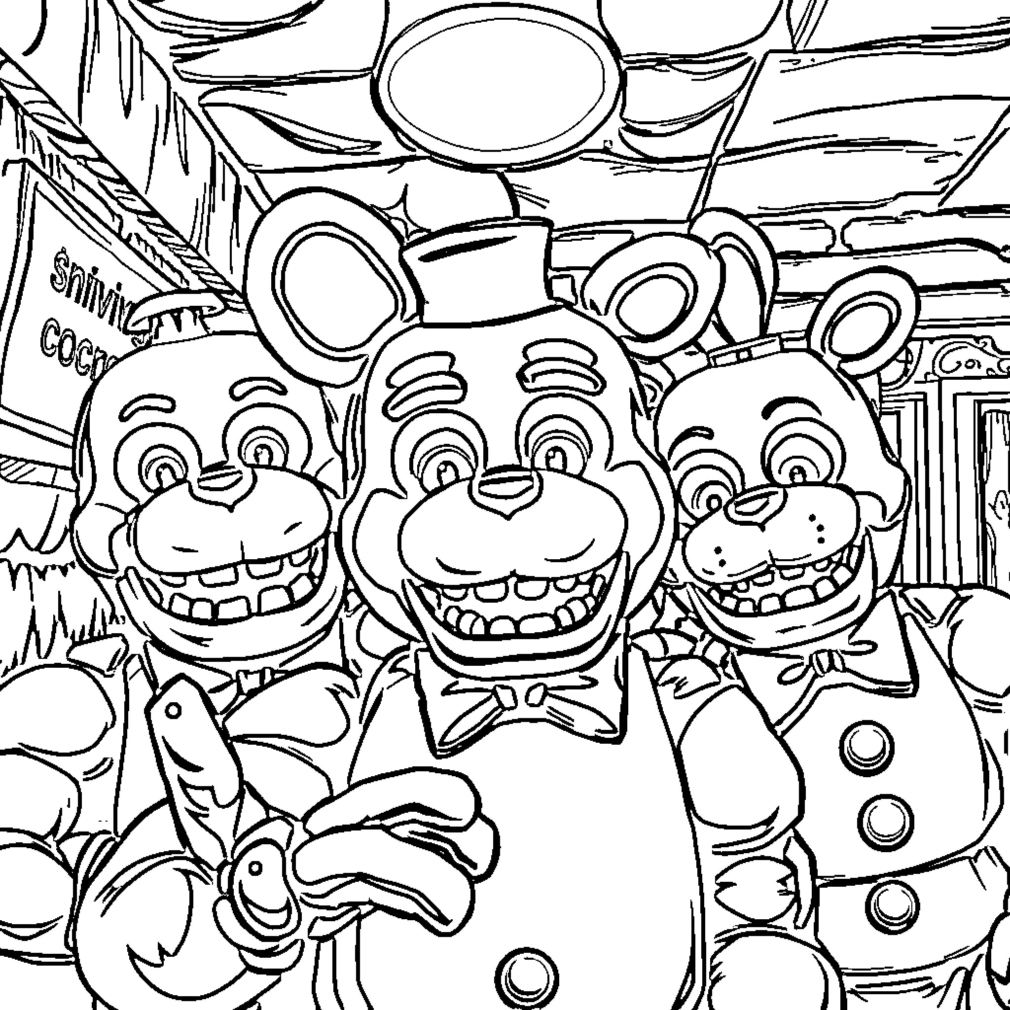 Five Nights At Freddy's: Animatronic Characters in Scary Outfits Coloring Page (free black-and-white line drawing printable PDF for all, from beginners to advanced learners, including children, teens, adults, and seniors)