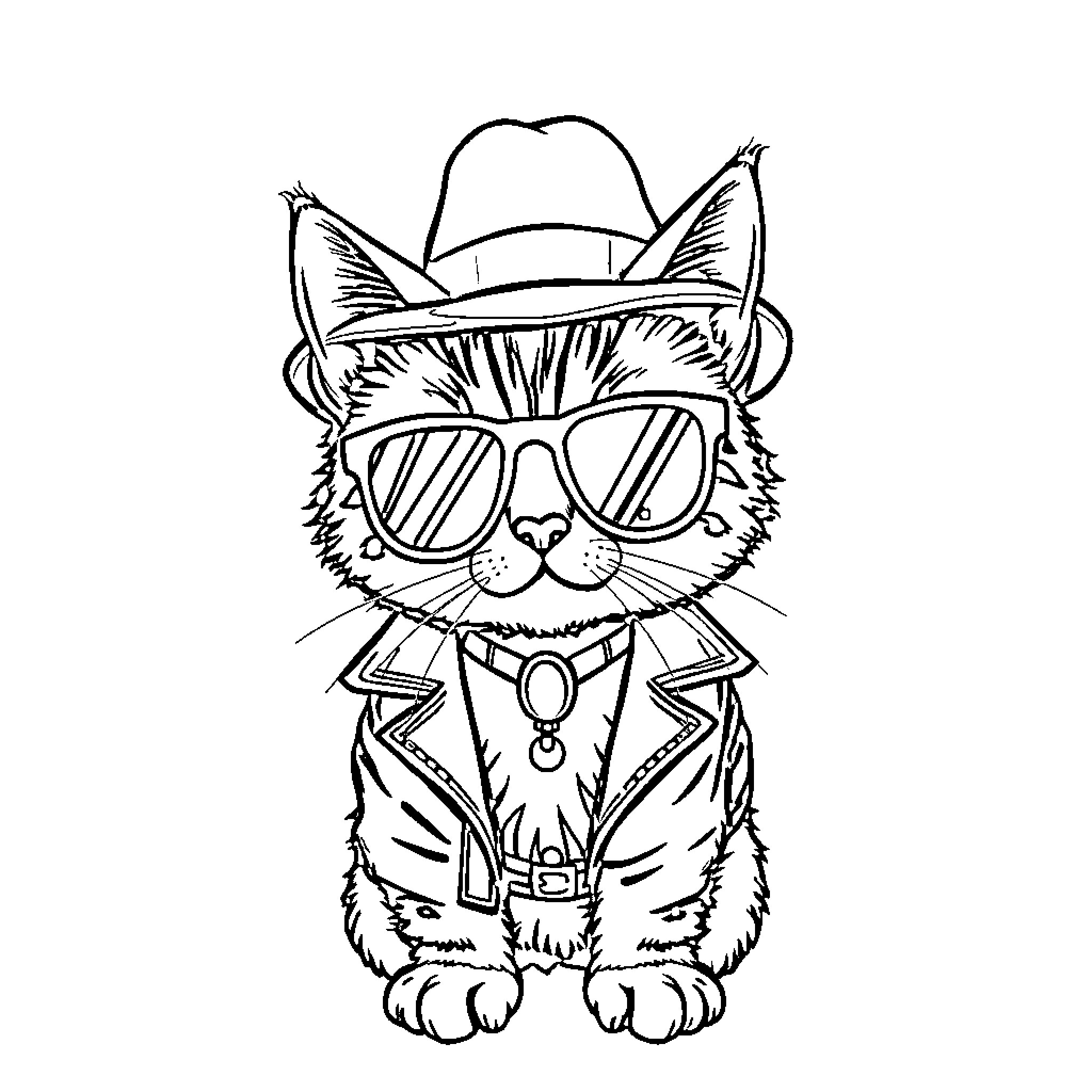 Cat wearing sunglasses and cowboy hat Coloring Page (free black-and-white line drawing printable PDF for all, from beginners to advanced learners, including children, teens, adults, and seniors)
