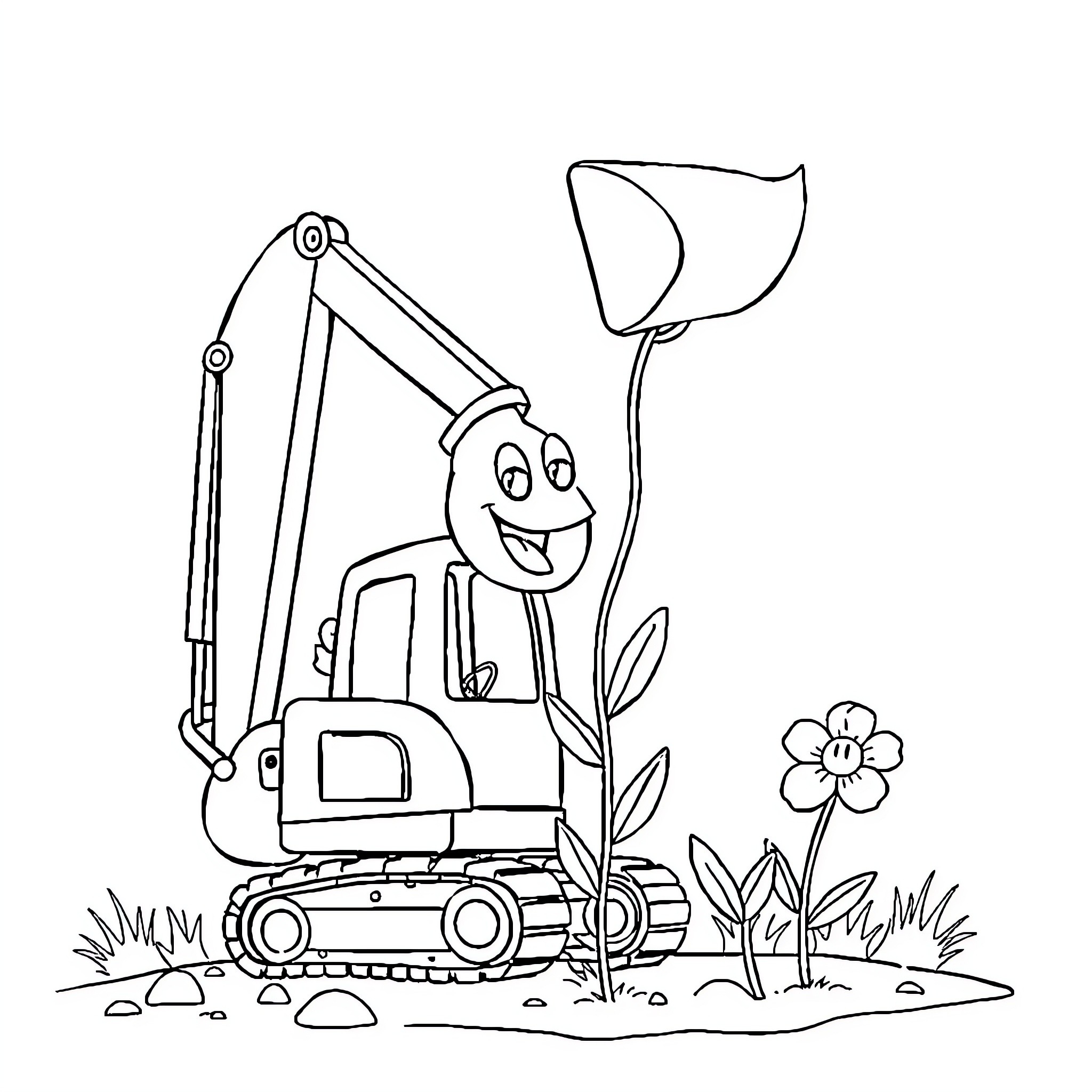 Excavator happily digging in the garden Coloring Page (free black-and-white line drawing printable PDF for all, from beginners to advanced learners, including children, teens, adults, and seniors)