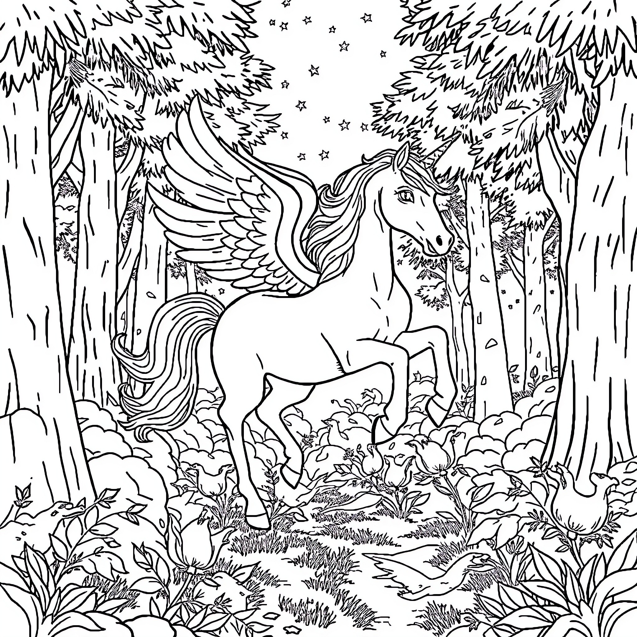 Unicorn soaring through a magical forest landscape Coloring Page (free black-and-white line drawing printable PDF for all, from beginners to advanced learners, including children, teens, adults, and seniors)