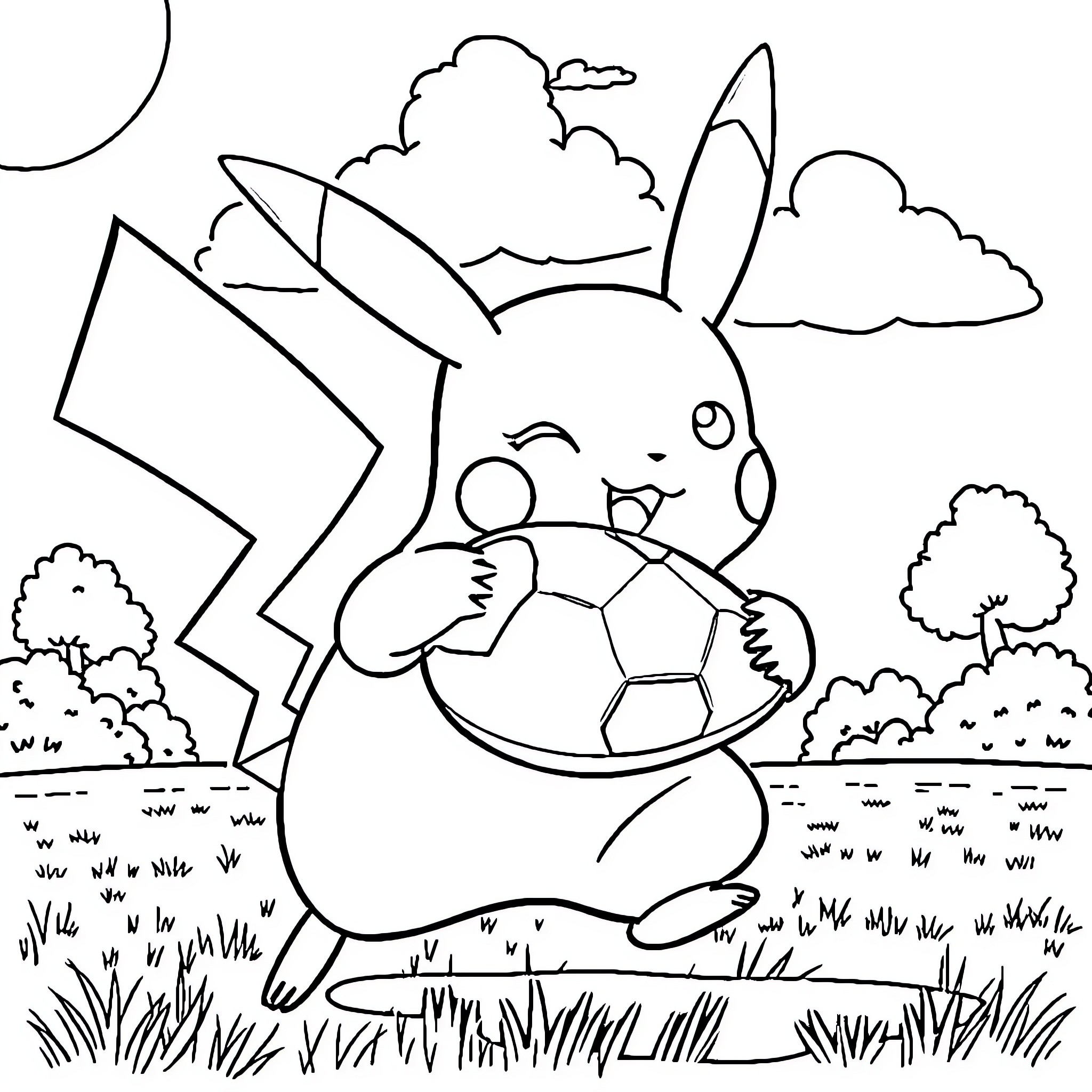 Pikachu playing with a soccer ball in the park Coloring Page (free black-and-white line drawing printable PDF for all, from beginners to advanced learners, including children, teens, adults, and seniors)