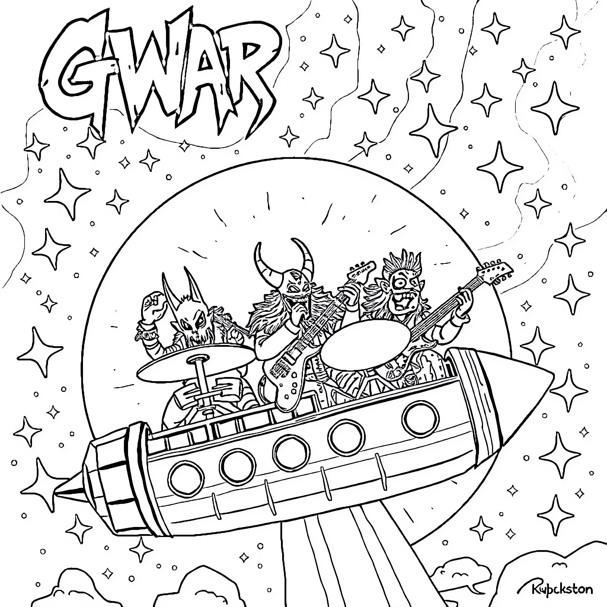 Band performing on a spaceship under the stars Coloring Page (free black-and-white line drawing printable PDF for all, from beginners to advanced learners, including children, teens, adults, and seniors)