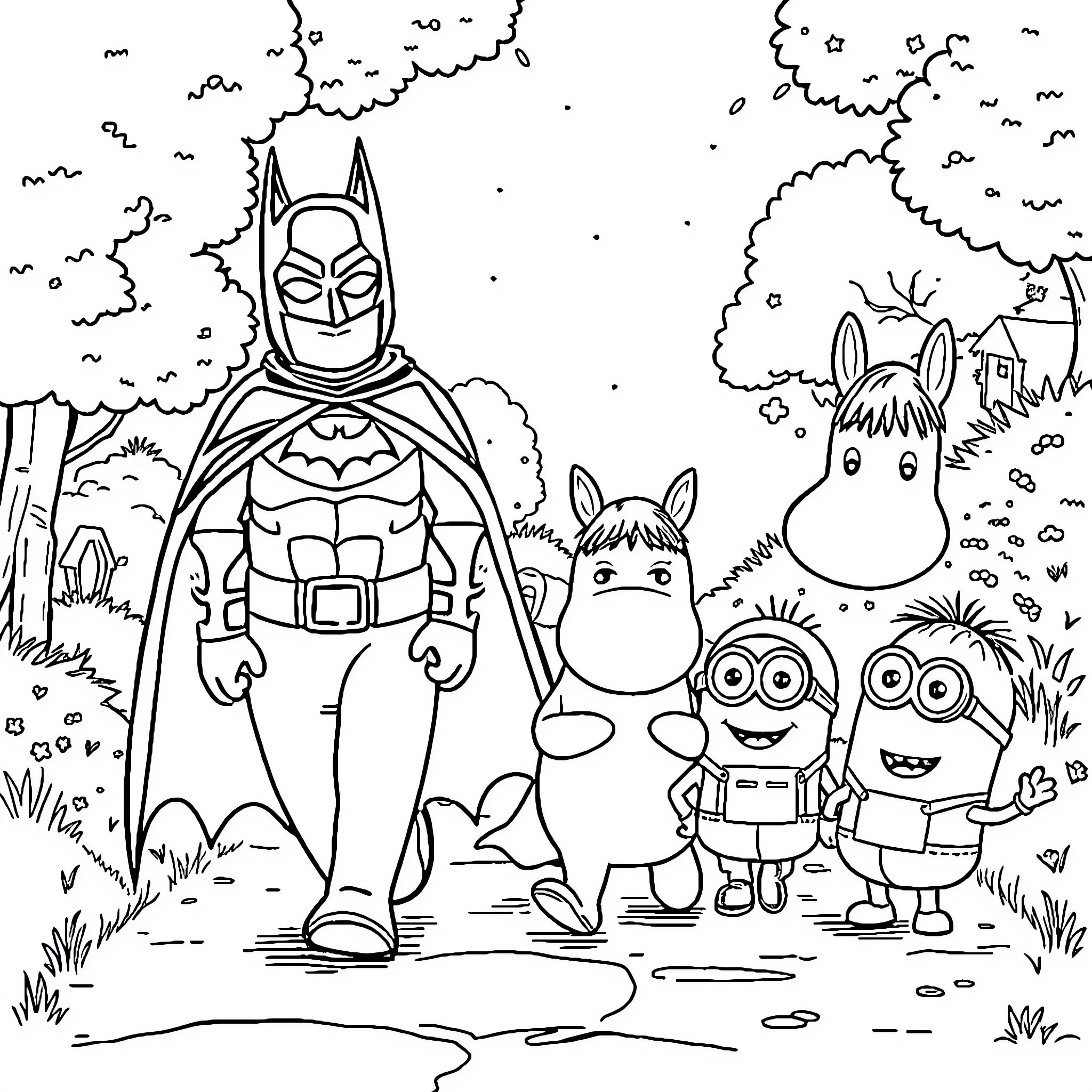 Moomin characters and Batman in a forest adventure Coloring Page (free black-and-white line drawing printable PDF for all, from beginners to advanced learners, including children, teens, adults, and seniors)