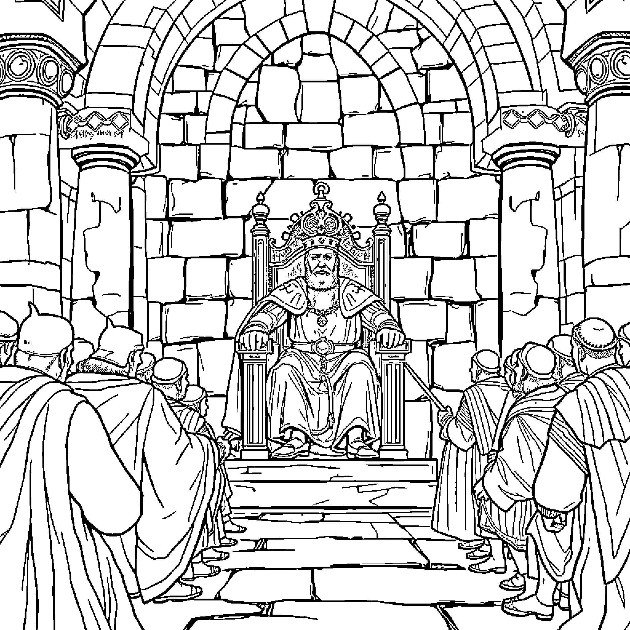 Charlemagne Presiding Over His Court Coloring Page (free black-and-white line drawing printable PDF for all, from beginners to advanced learners, including children, teens, adults, and seniors)