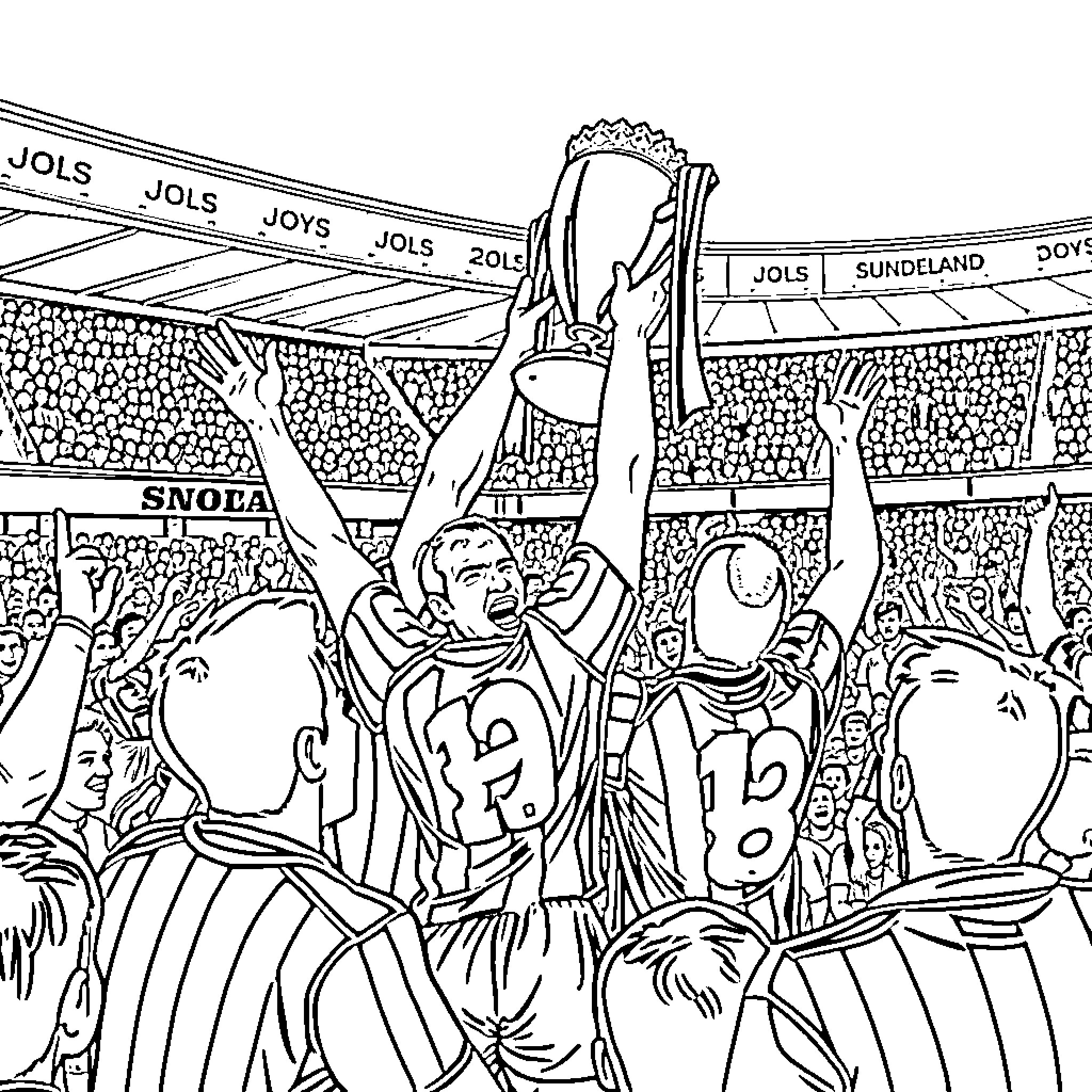Sunderland fans celebrating and cheering at a football match Coloring Page (free black-and-white line drawing printable PDF for all, from beginners to advanced learners, including children, teens, adults, and seniors)