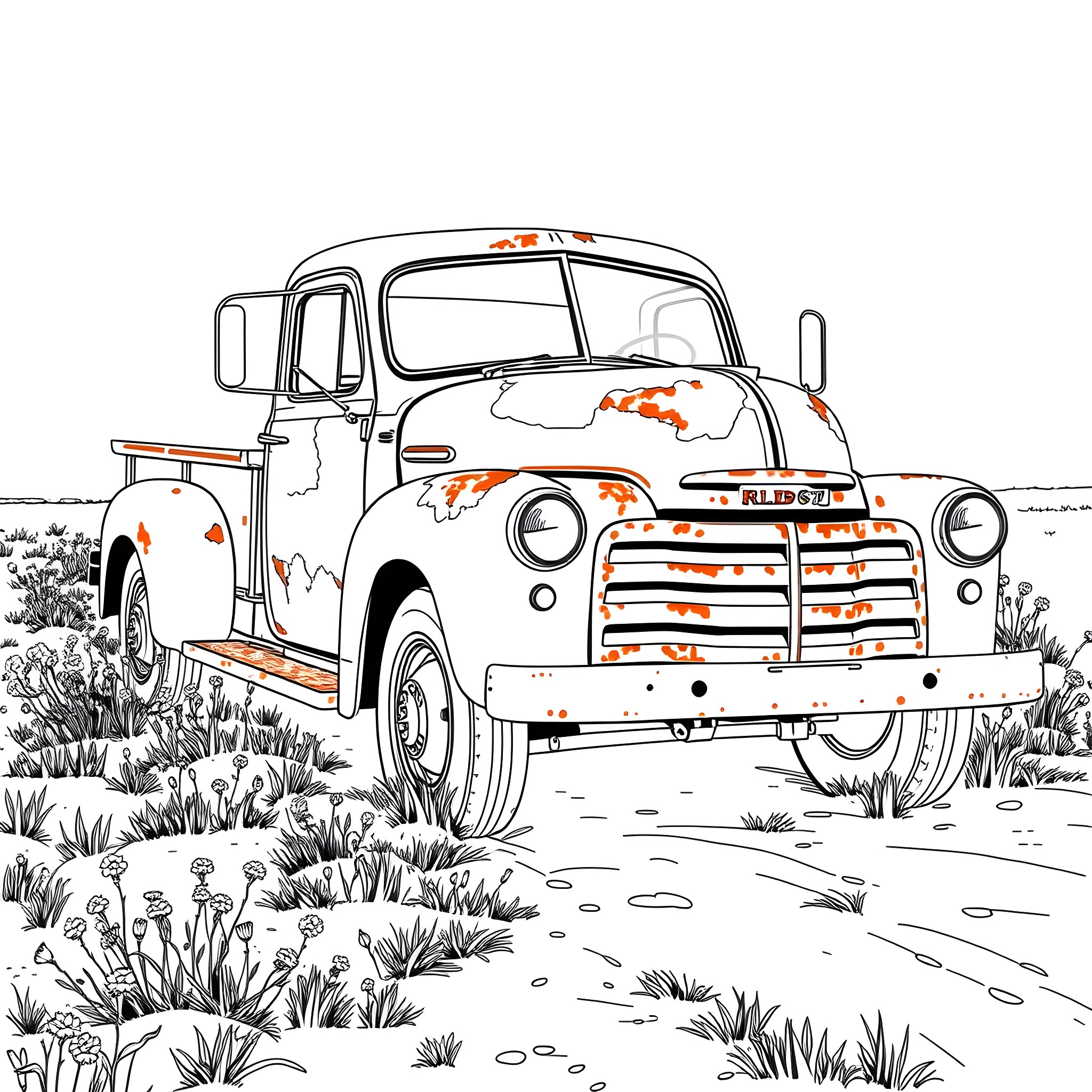 Truck Abandoned in Grassy Field Coloring Page (free black-and-white line drawing printable PDF for all, from beginners to advanced learners, including children, teens, adults, and seniors)