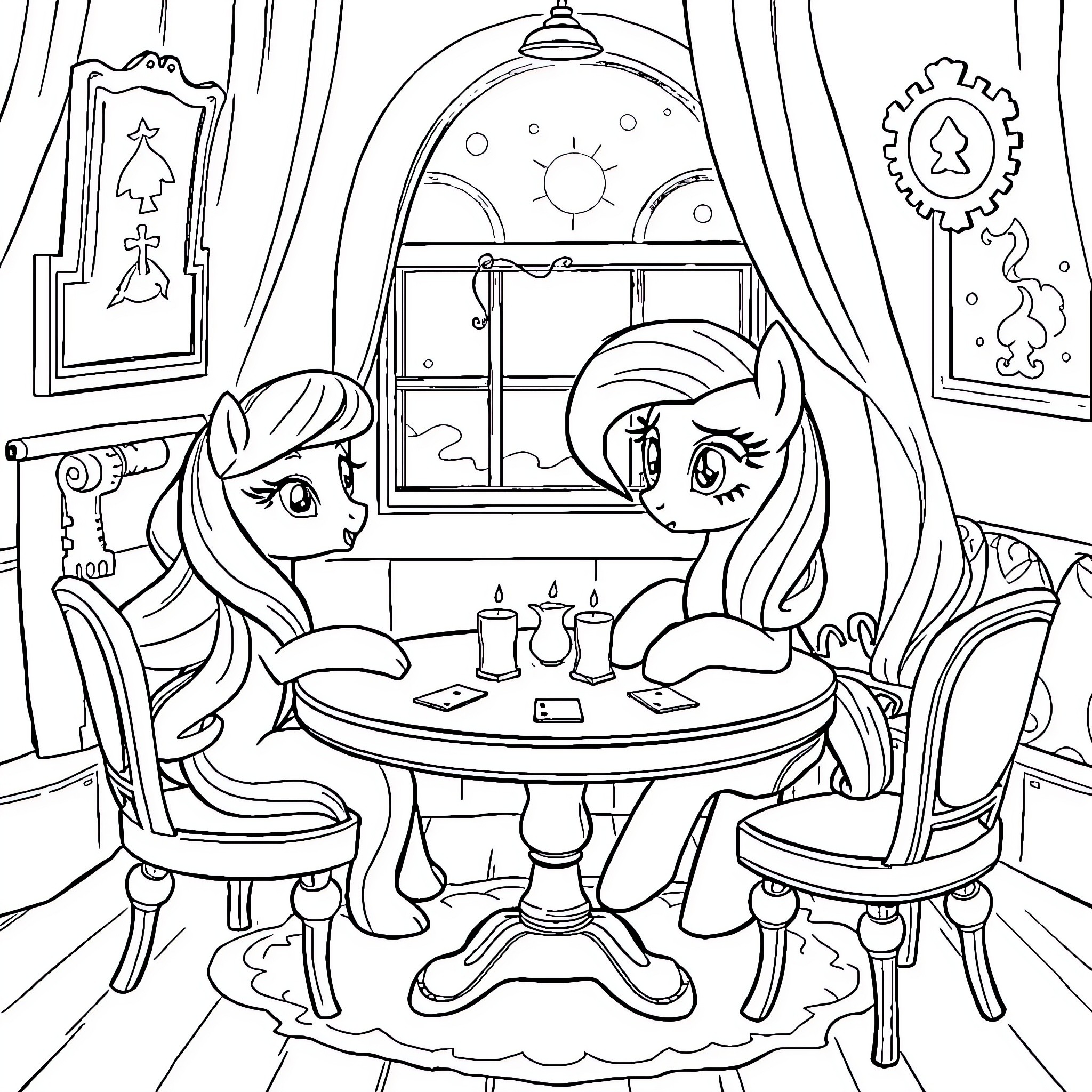 Fluttershy and friends enjoying a cozy tea party Coloring Page (free black-and-white line drawing printable PDF for all, from beginners to advanced learners, including children, teens, adults, and seniors)