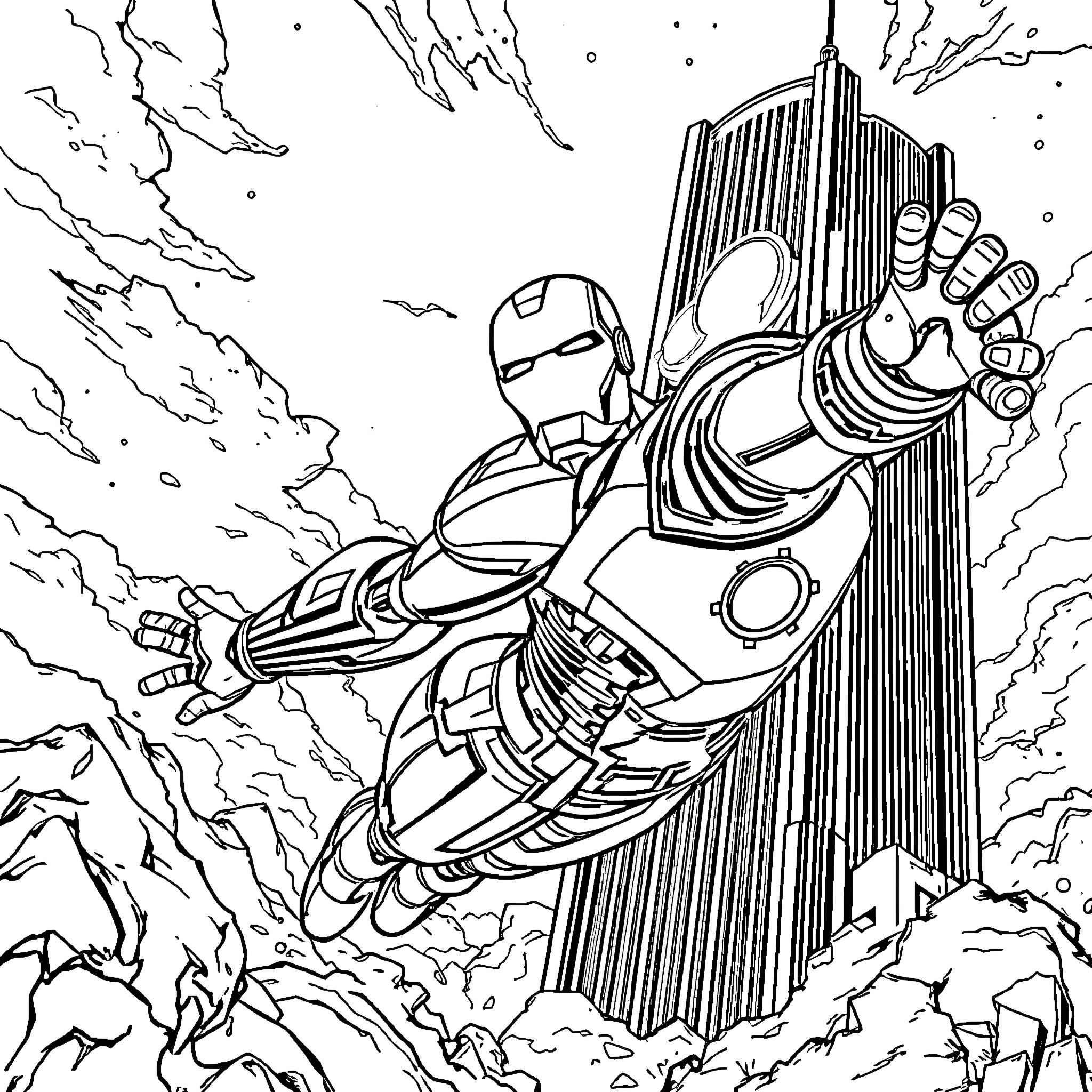 Ironman soaring through the city in action-packed scene Coloring Page (free black-and-white line drawing printable PDF for all, from beginners to advanced learners, including children, teens, adults, and seniors)