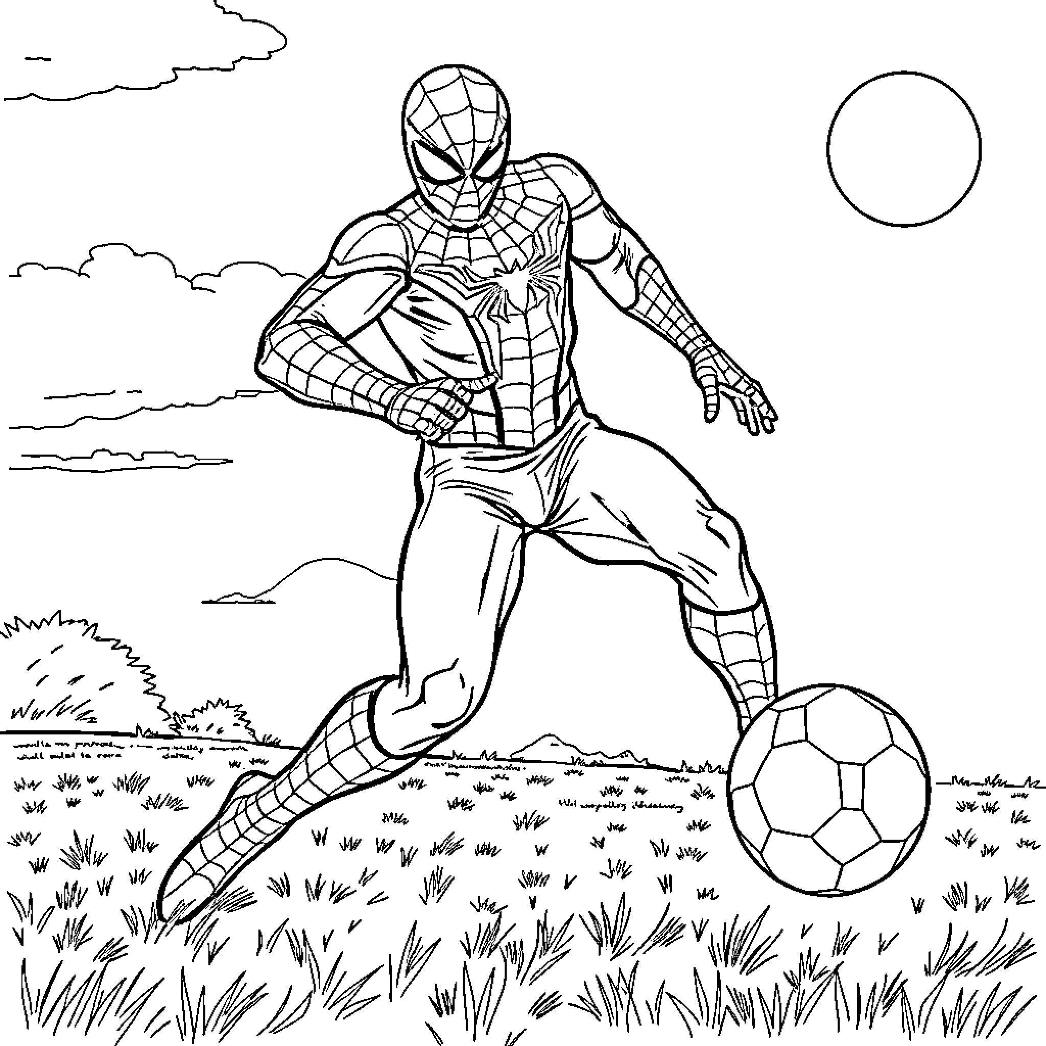 Spiderman playing soccer in the field Coloring Page (free black-and-white line drawing printable PDF for all, from beginners to advanced learners, including children, teens, adults, and seniors)