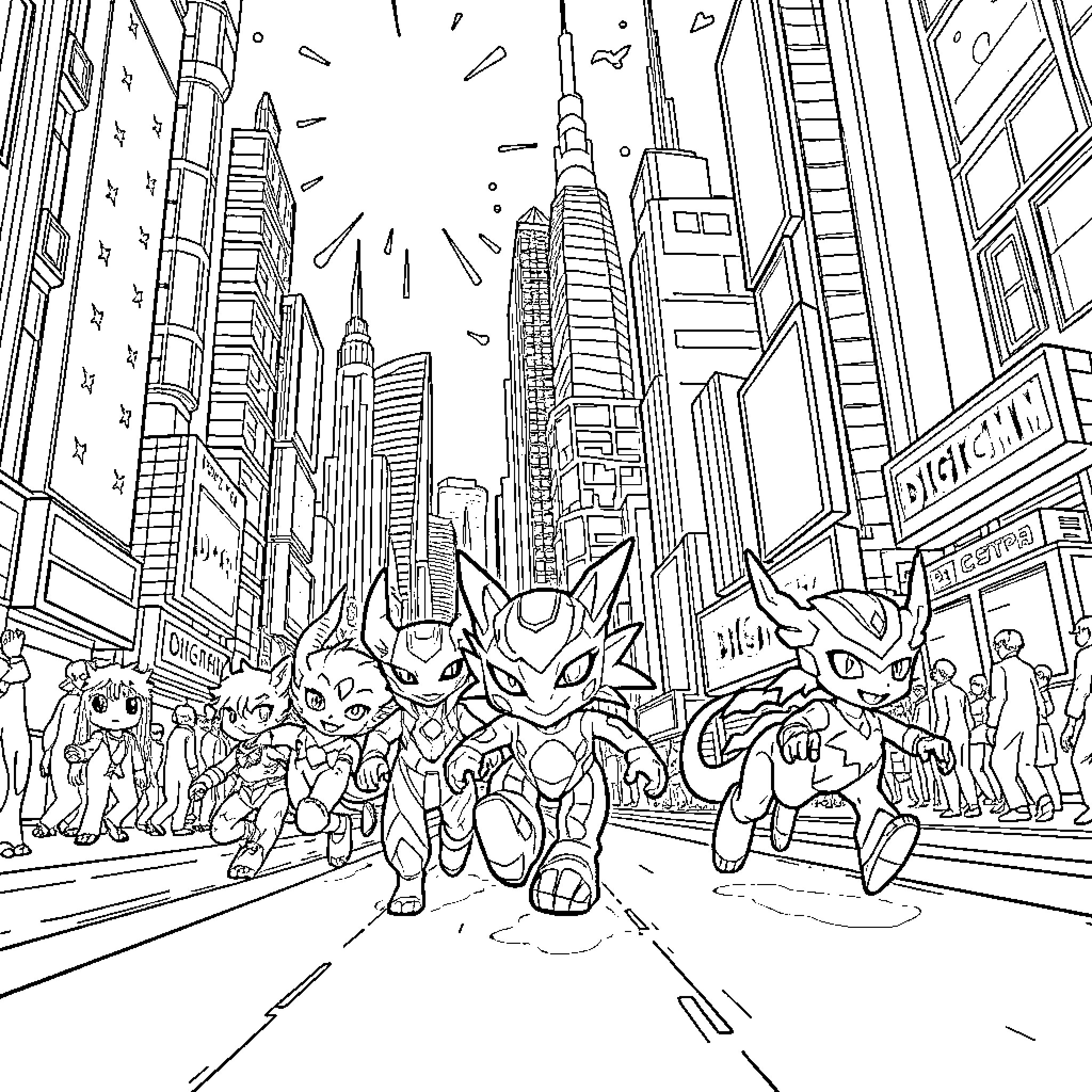Digimon characters in a futuristic city scene Coloring Page (free black-and-white line drawing printable PDF for all, from beginners to advanced learners, including children, teens, adults, and seniors)