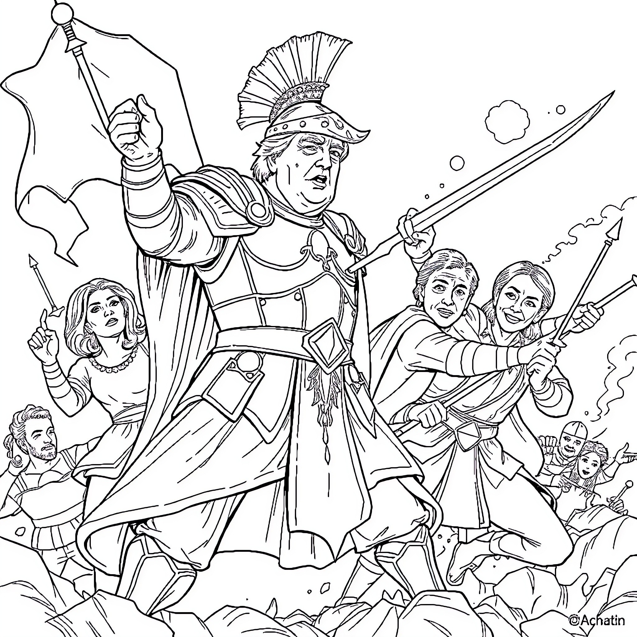 Donald Trump as a Roman Emperor Leading Soldiers in Battle Coloring Page (free black-and-white line drawing printable PDF for all, from beginners to advanced learners, including children, teens, adults, and seniors)