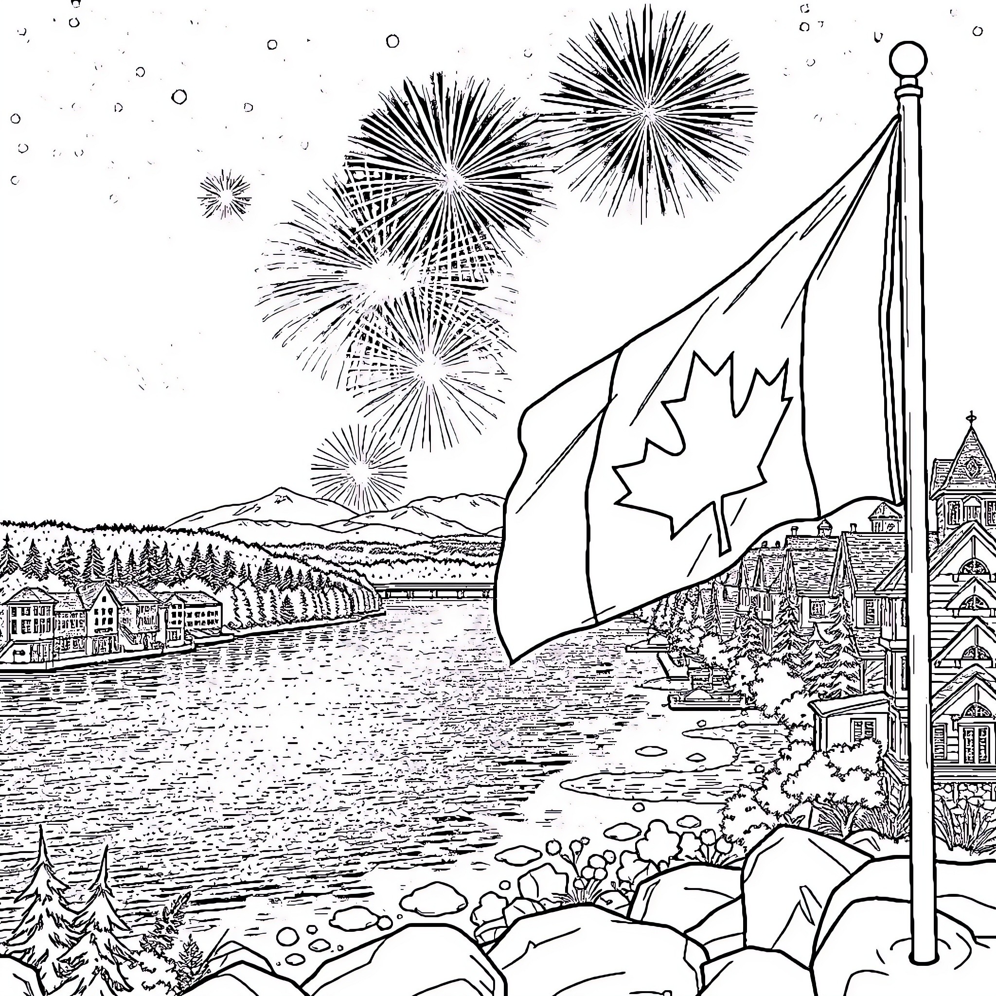 Flag celebrating festive fireworks display over scenic town Coloring Page (free black-and-white line drawing printable PDF for all, from beginners to advanced learners, including children, teens, adults, and seniors)
