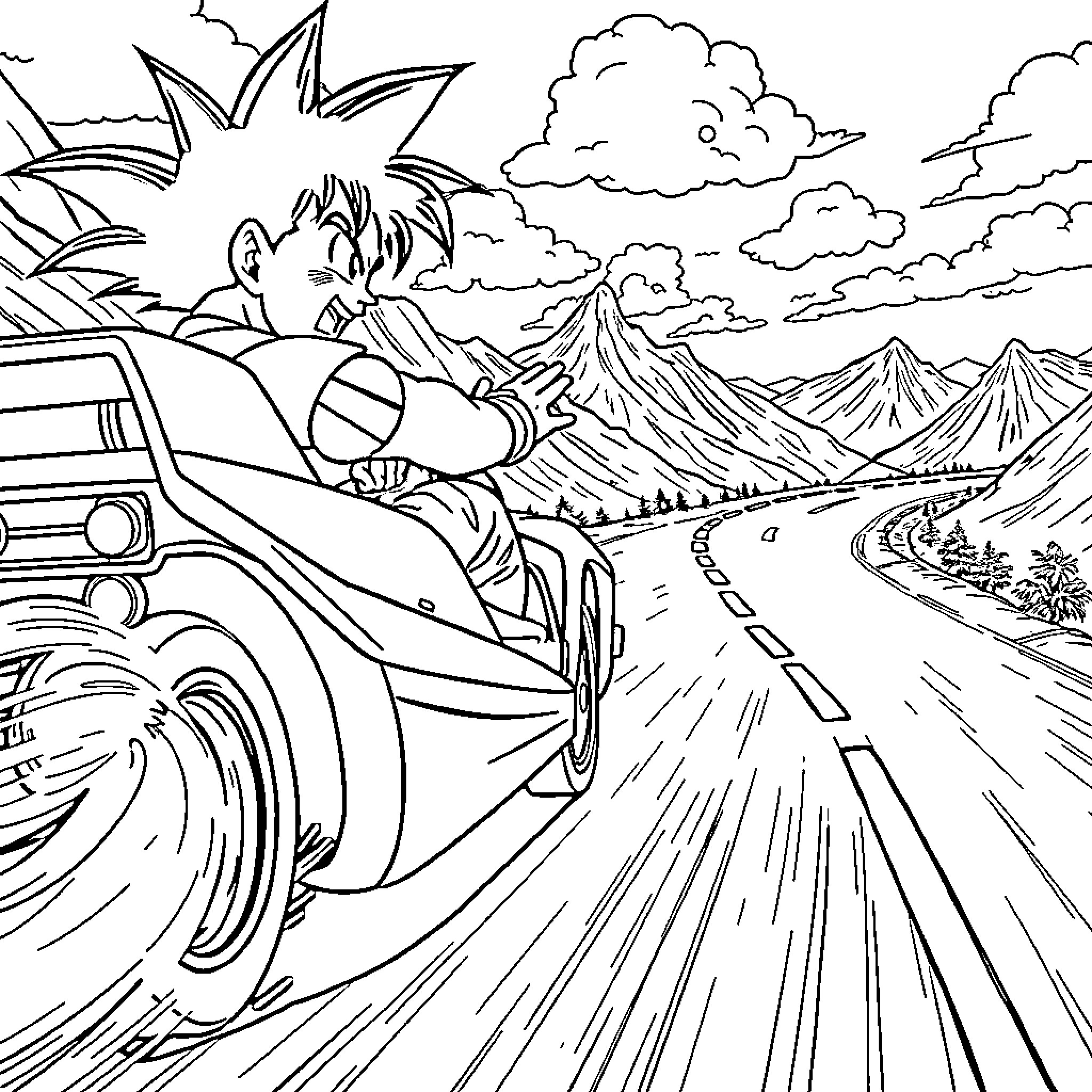 Goku's High-Speed Adventure Through the Winding Road Coloring Page (free black-and-white line drawing printable PDF for all, from beginners to advanced learners, including children, teens, adults, and seniors)