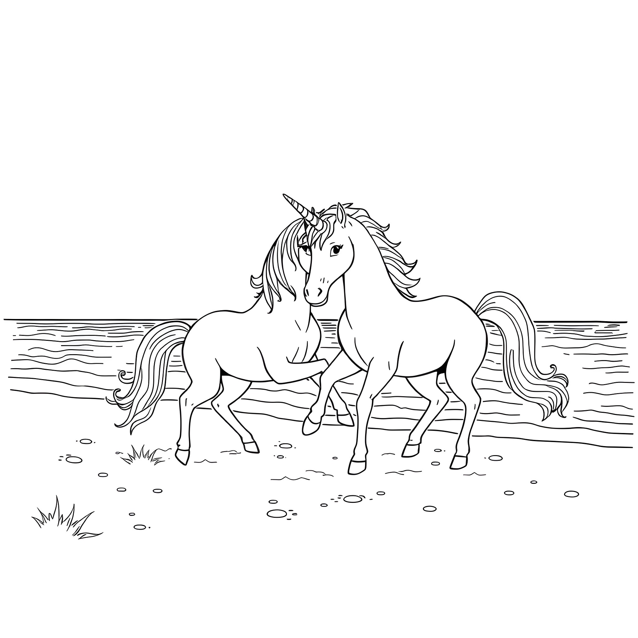 Unicorn pair walking in serene landscape Coloring Page (free black-and-white line drawing printable PDF for all, from beginners to advanced learners, including children, teens, adults, and seniors)