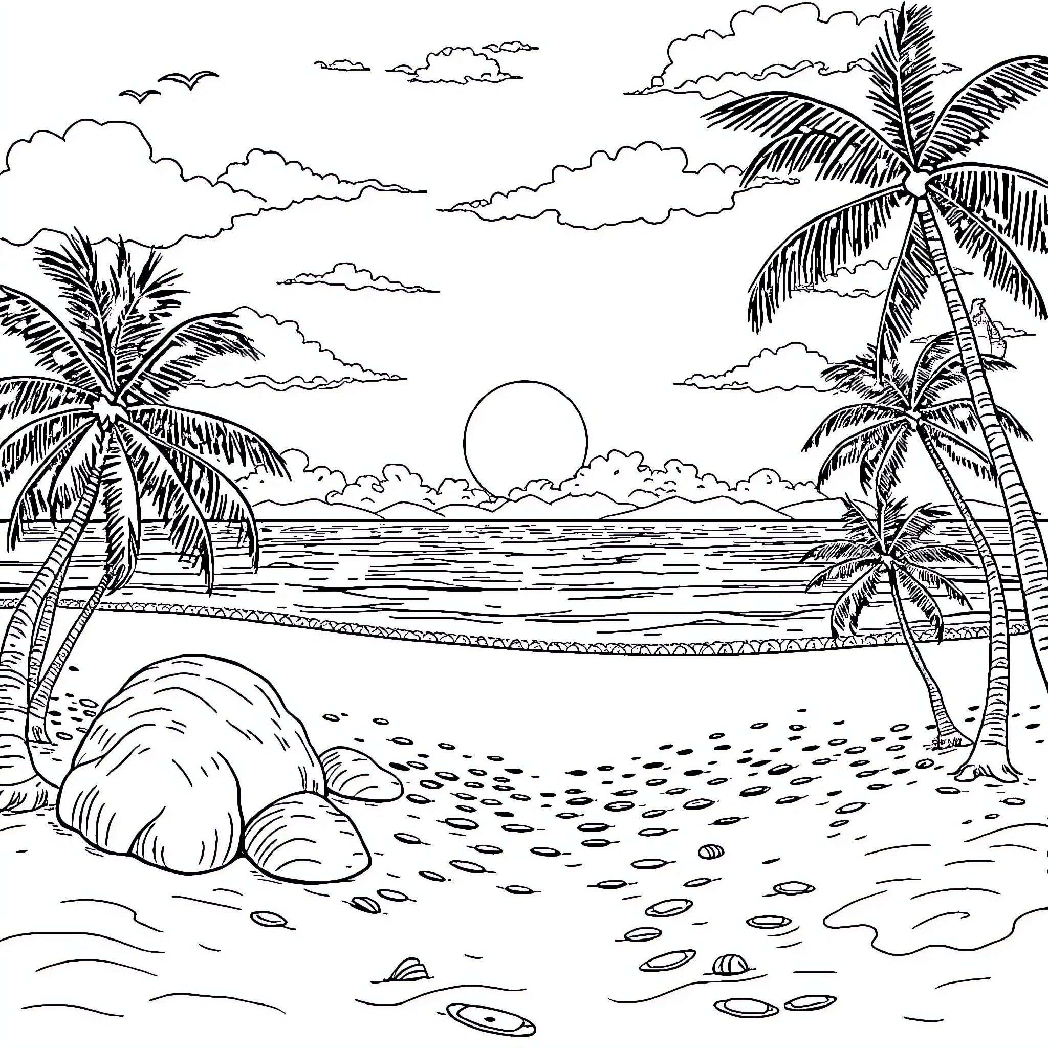 Sunset beach scene with palm trees Coloring Page (free black-and-white line drawing printable PDF for all, from beginners to advanced learners, including children, teens, adults, and seniors)
